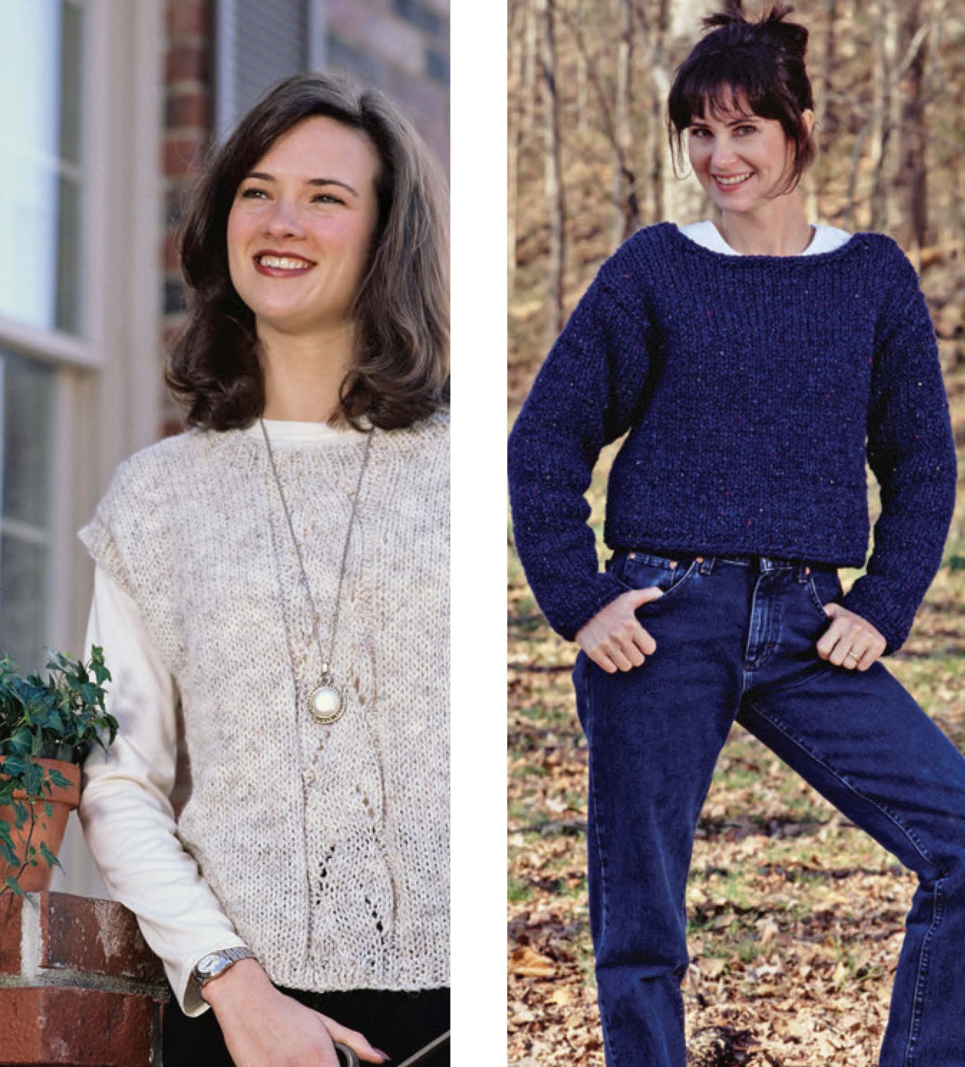 Two women pose outdoors modeling designs from The Big Book of Quick Knit Sweaters by Leisure Arts—one wears a white textured vest, the other a navy sweater with jeans, both highlighting stylish knitwear patterns.