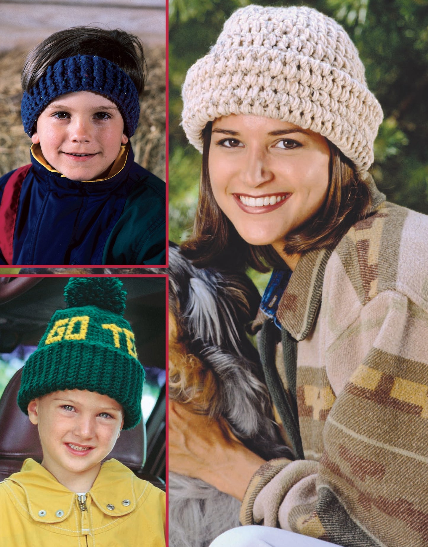 A collage shows three people in winter hats—great crochet inspiration for Chase the Chill—Crocheted Hats, Scarves, and Mittens for the Family: 16 Designs by Leisure Arts. Use your favorite worsted weight yarn to recreate these cozy looks!.
