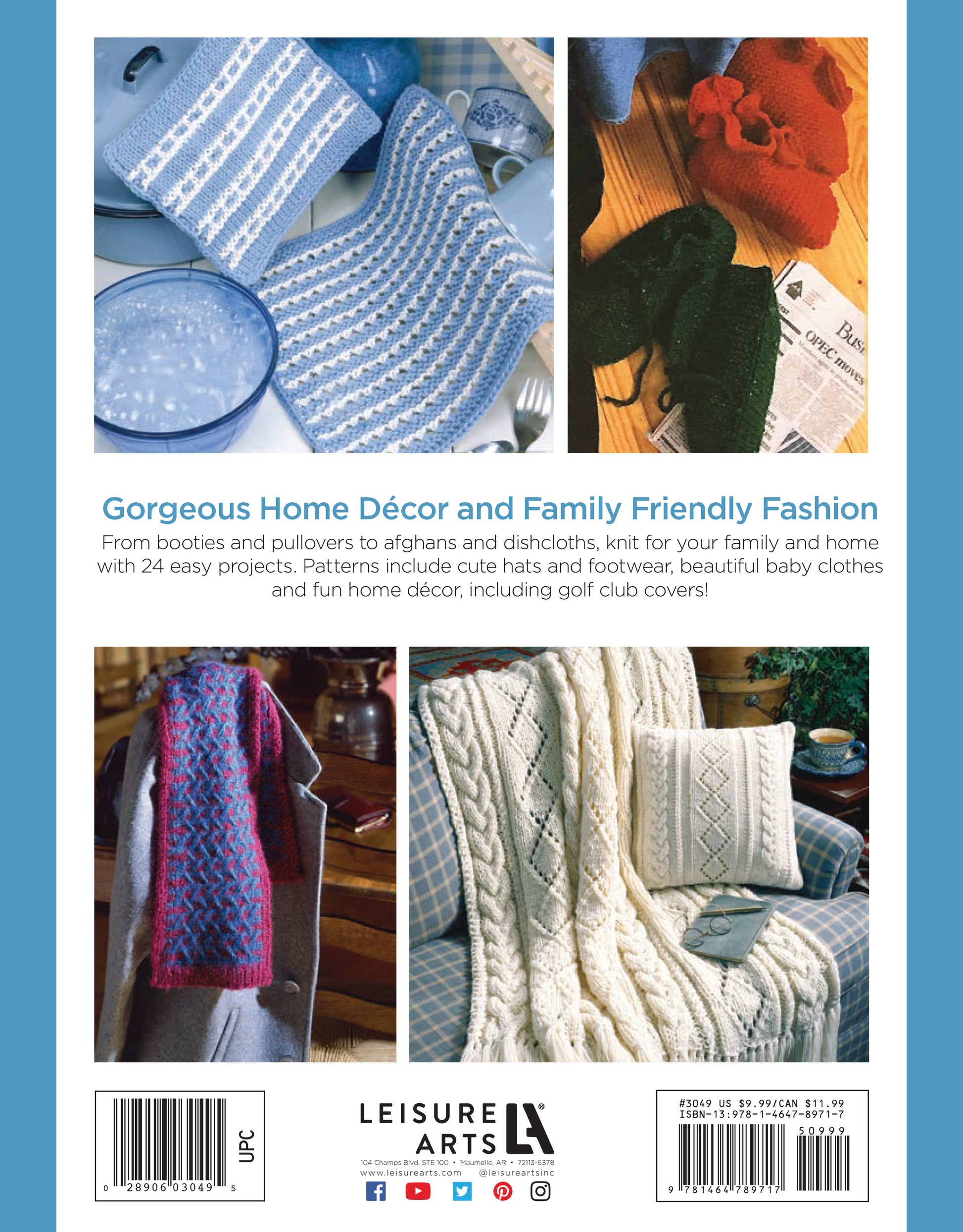 Leisure Arts’ Our Best Knit Collection features colorful blankets, scarves, and baby clothes on chairs and tables, plus knitting supplies. Text highlights easy home décor and family fashion projects with beginner-friendly patterns.