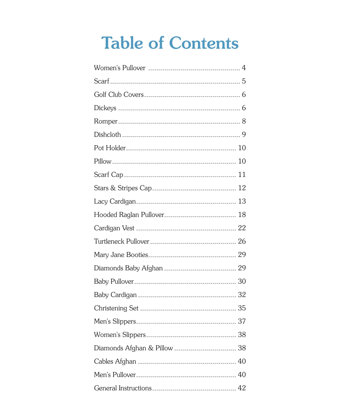 Our Best Knit Collection by Leisure Arts features a two-column table of contents with page numbers for easy projects like pullovers, scarves, hats, slippers, cardigans, and afghans—ideal for beginner knitters.