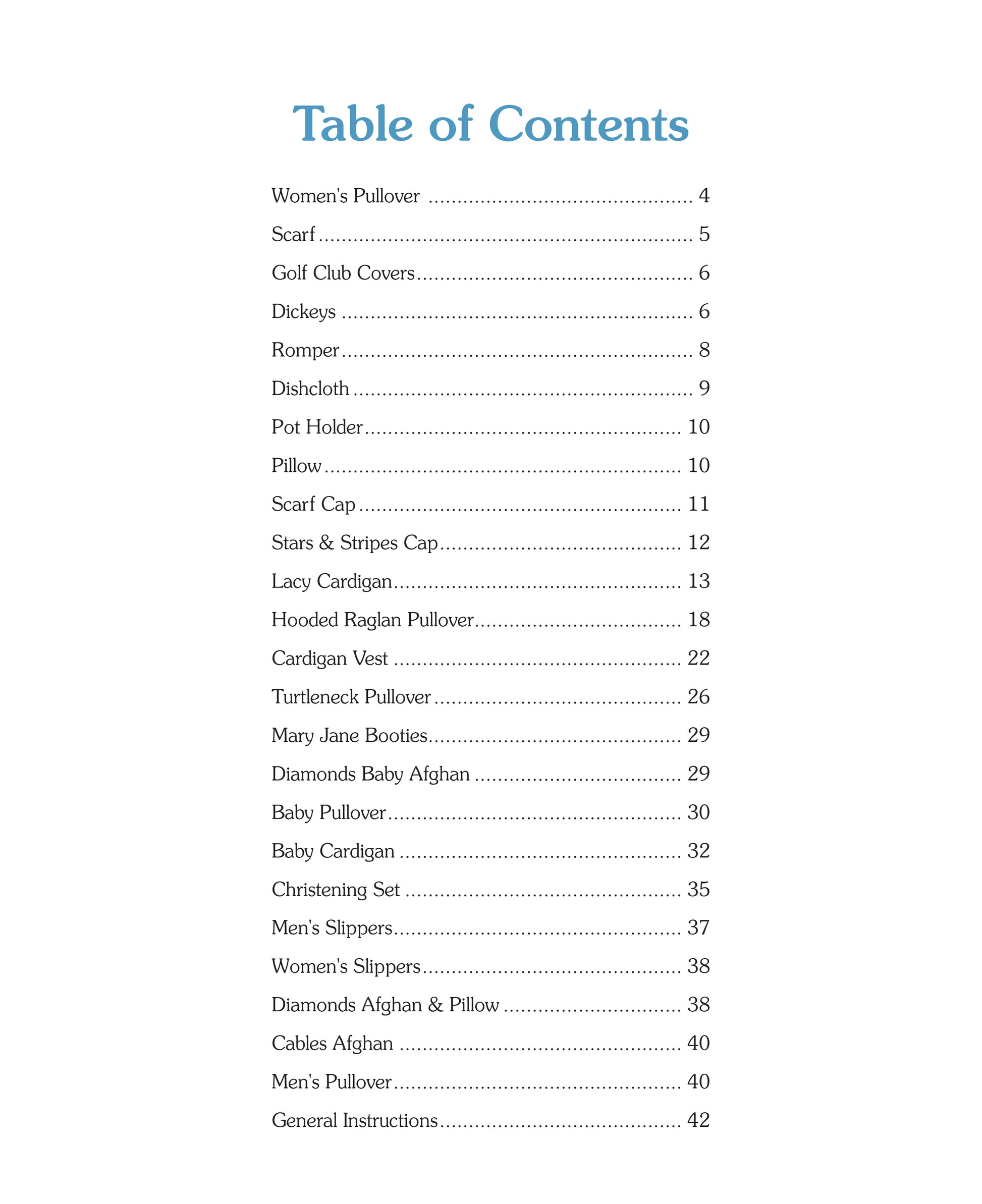 Our Best Knit Collection by Leisure Arts features a two-column table of contents with page numbers for easy projects like pullovers, scarves, hats, slippers, cardigans, and afghans—ideal for beginner knitters.