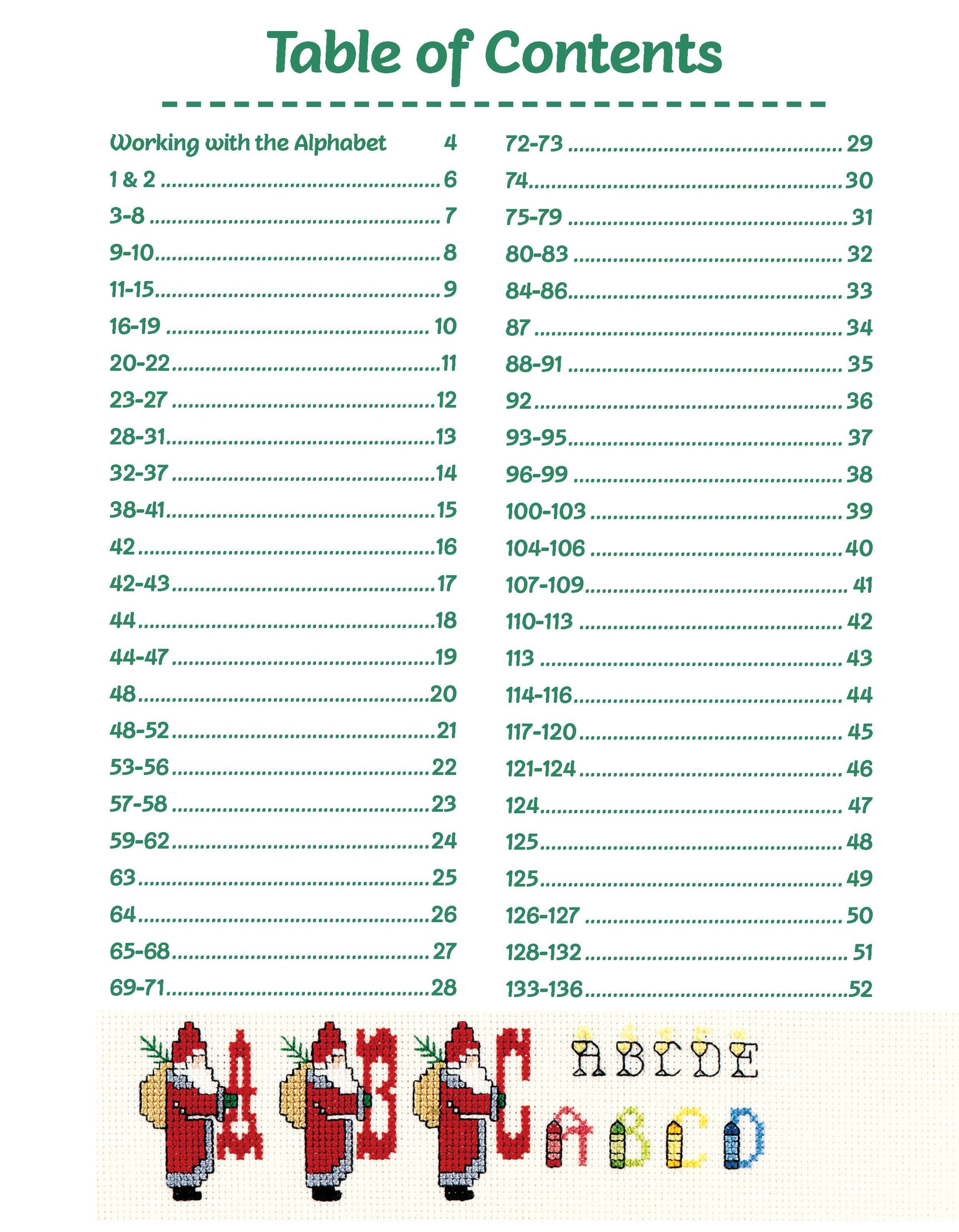 The Table of Contents lists sections by number ranges with page numbers. At the bottom, a cross-stitch design shows bears holding carrots and decorative alphabets A–G from “136 Alphabet Charts” by Leisure Arts.