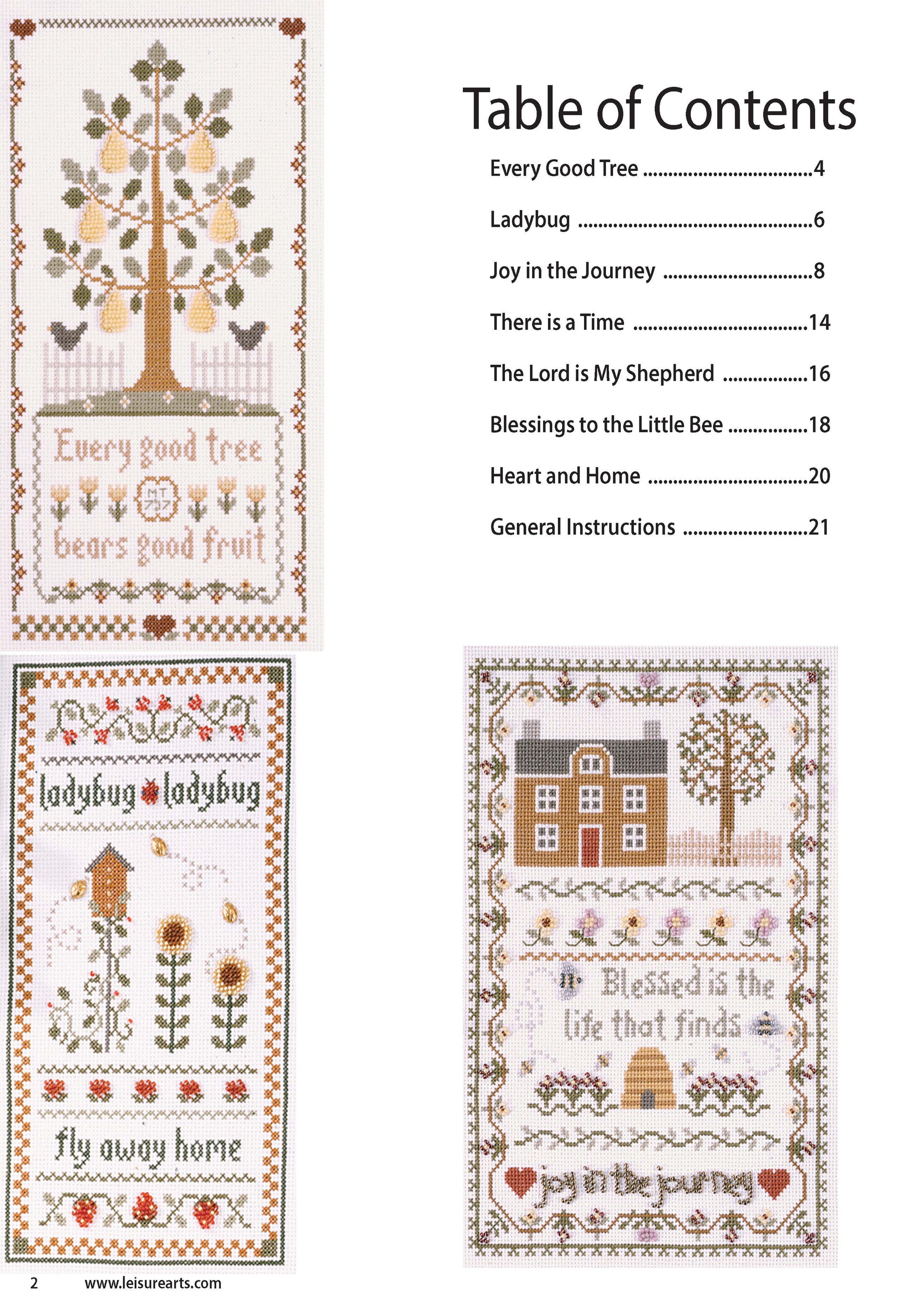 The Table of Contents in Leisure Arts’ "Joy in the Journey" features three cross stitch sampler designs with charts: a tree (“Every good tree bears good fruit”), ladybugs (“fly away home”), and a house (“Blessed is the life that finds a home”).