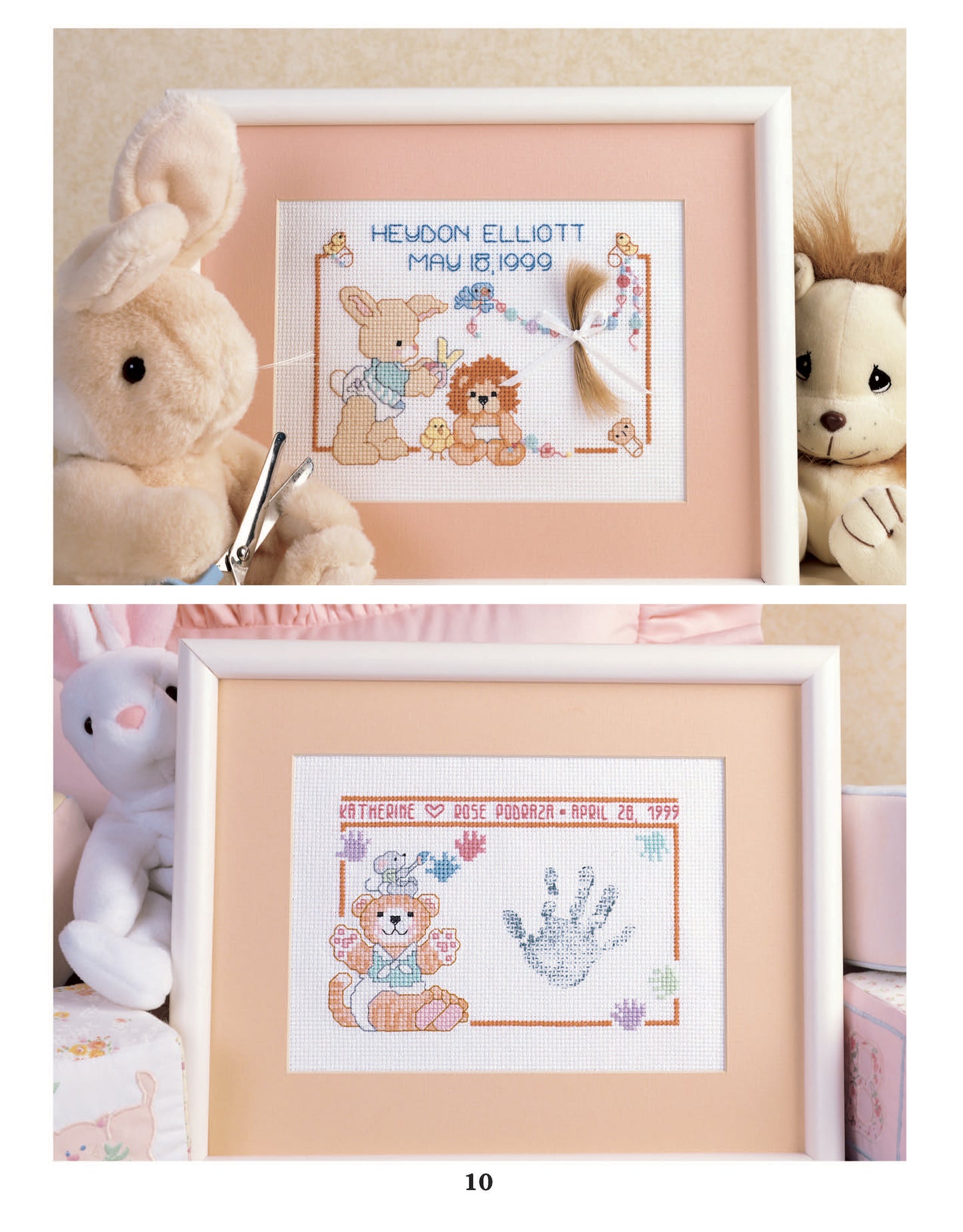 The Leisure Arts Sweet Baby Cross Stitch Memories set features two framed, pastel-bordered designs—one with a bear, bunny, footprints, and bow; the other with a bear and handprint—accented by plush animals and soft decor.