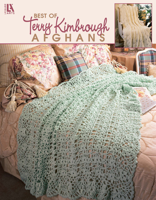 A light green crocheted afghan is draped over a bed with floral and plaid pillows. Text reads "Best of Terry Kimbrough Afghans" by Leisure Arts. A small corner image shows another Victorian lace blanket on a chair.
