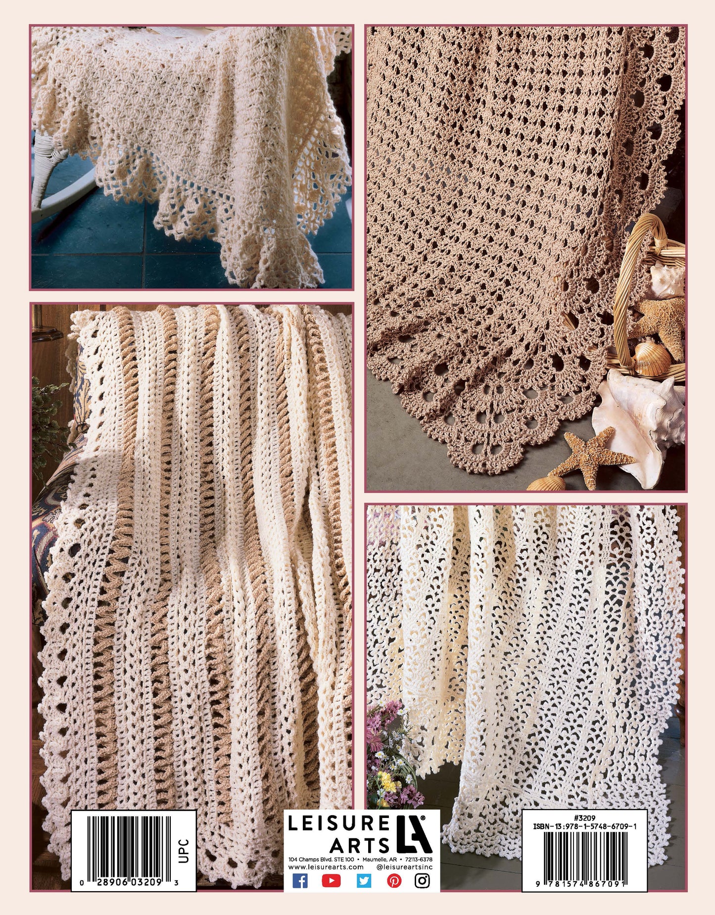 Four close-up photos of cream-colored, intricately crocheted afghans from "Best of Terry Kimbrough Afghans" by Leisure Arts, featuring Victorian lace-inspired scalloped edges and lacy stitch patterns, beautifully draped over surfaces.