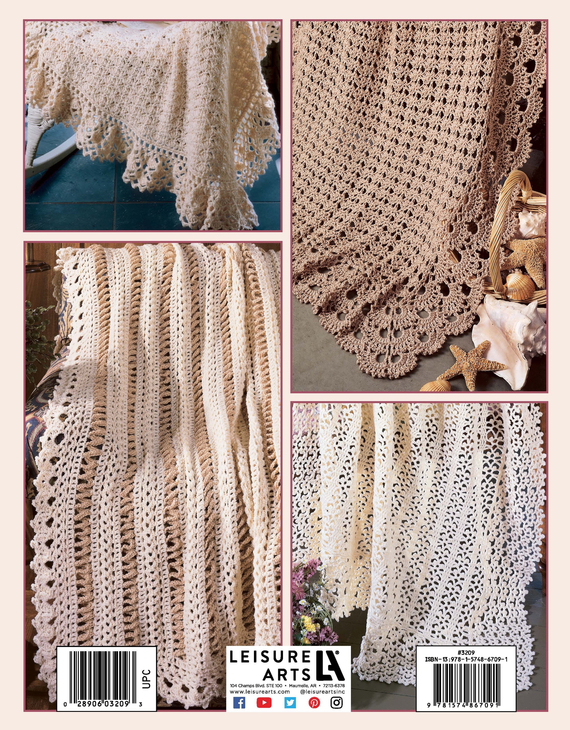 Four close-up photos of cream-colored, intricately crocheted afghans from "Best of Terry Kimbrough Afghans" by Leisure Arts, featuring Victorian lace-inspired scalloped edges and lacy stitch patterns, beautifully draped over surfaces.