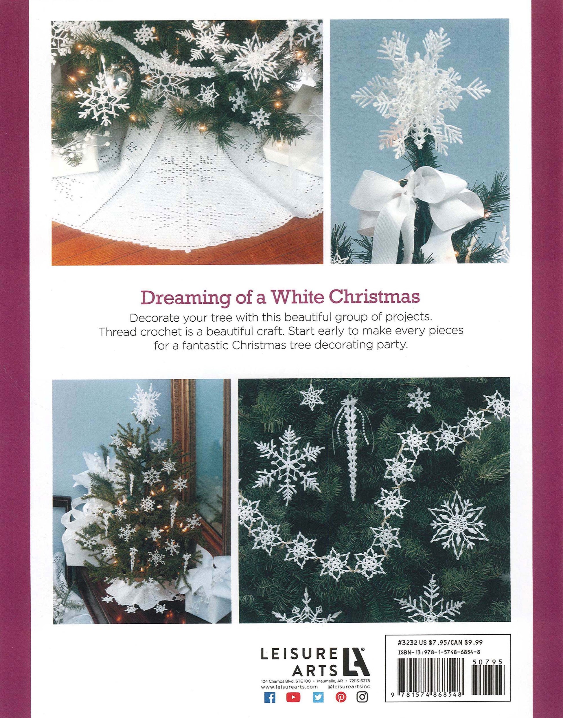 The cover of White Christmas in Thread Crochet by Leisure Arts features crocheted snowflake ornaments, tree toppers, and garlands on holiday trees, highlighting thread crochet projects for festive tree décor.