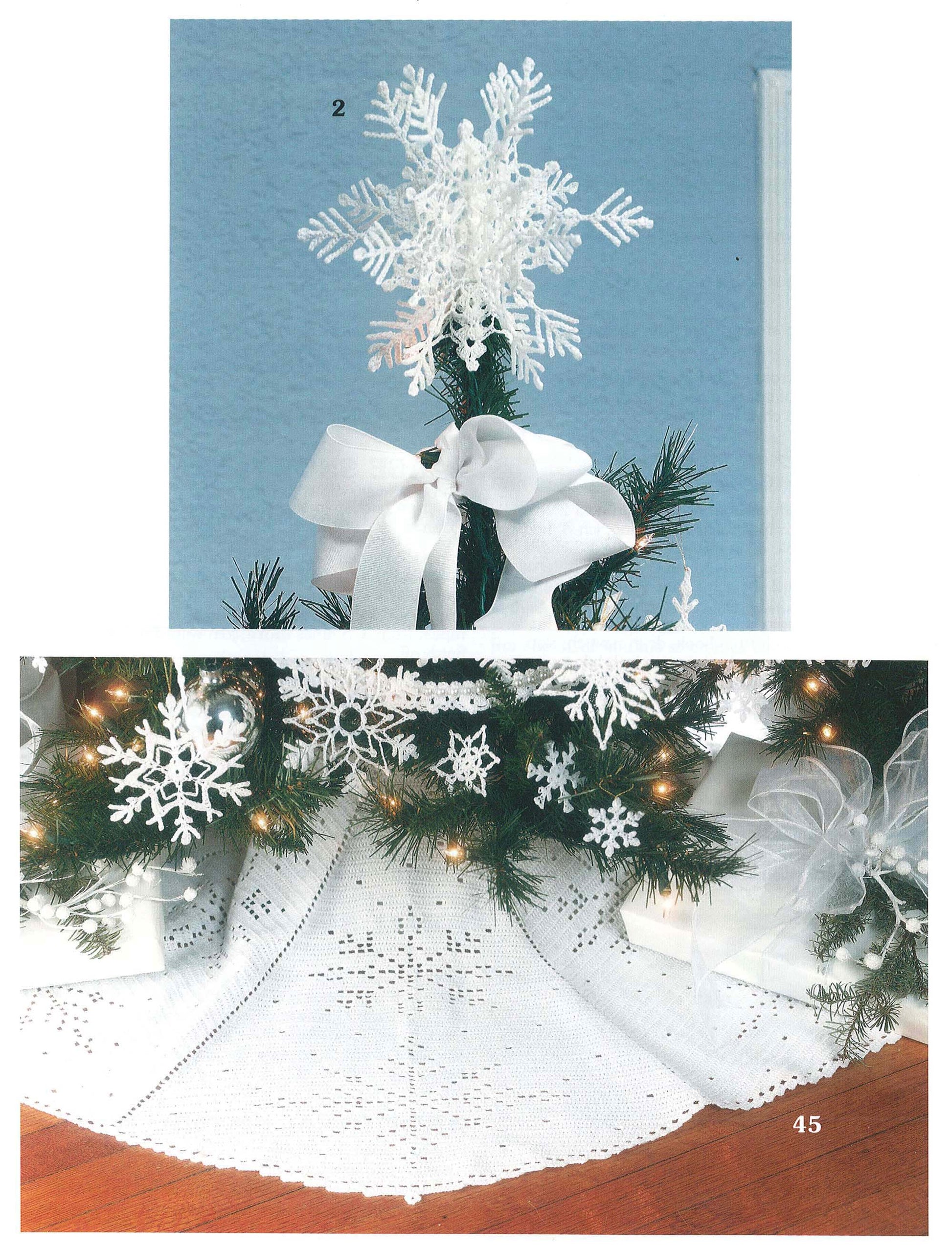 Leisure Arts’ White Christmas in Thread Crochet features a crocheted white snowflake tree topper, lacy ornaments, a matching white ribbon, and tree skirt for a charming festive look. Wrapped gifts complete the scene.
