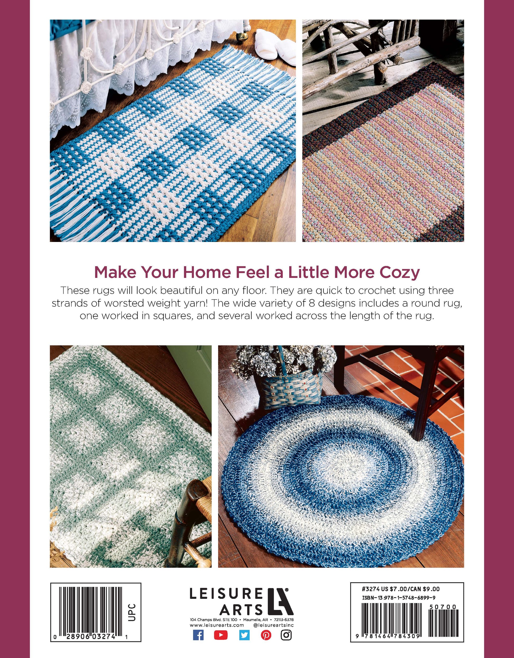 Four colorful crocheted rugs from Easy Rugs to Crochet by Leisure Arts are displayed, featuring a blue and white round rug, beginner-friendly earth tones, checks and zigzags, with rectangle patterns also shown. Text and publisher details are visible.