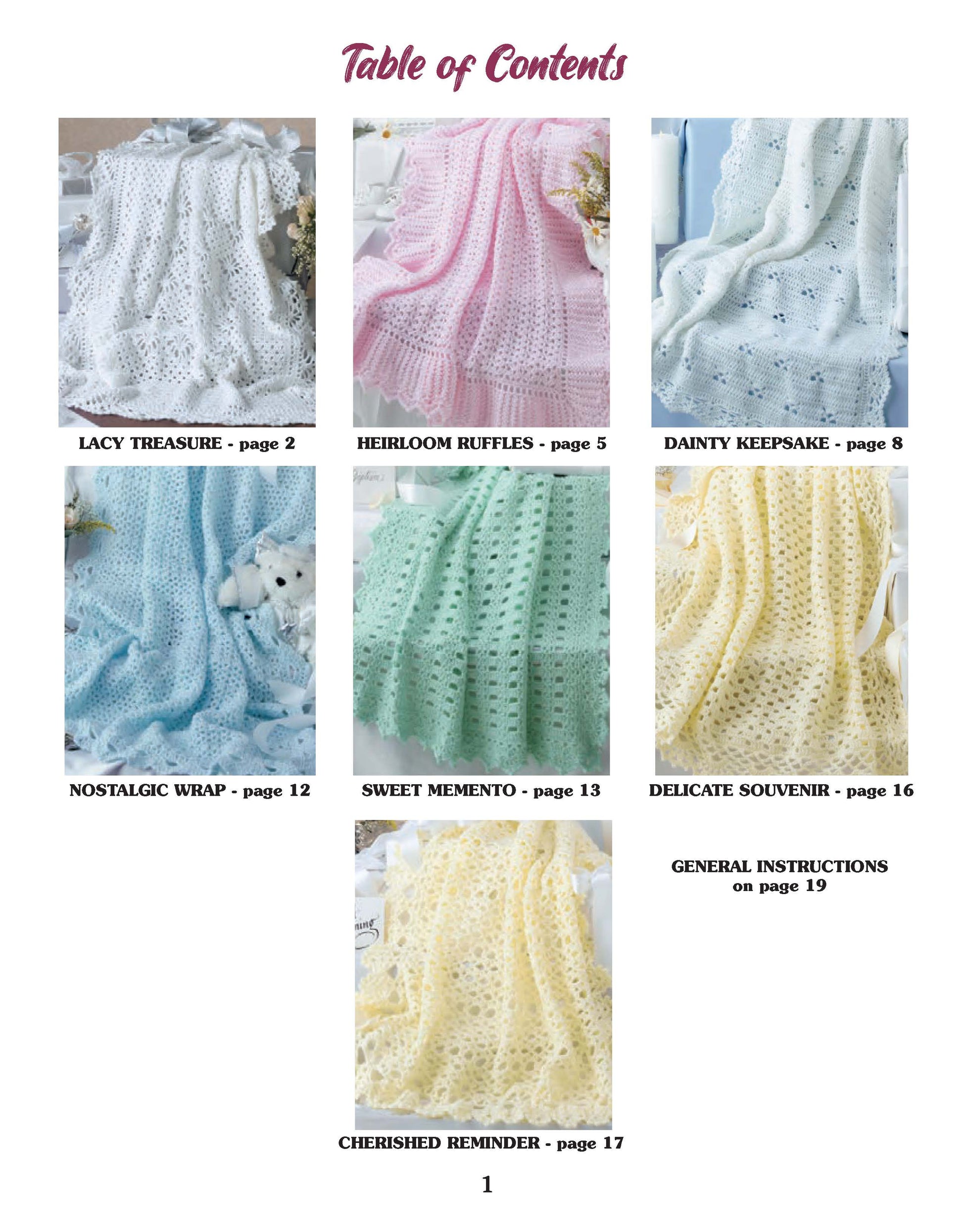 Table of contents for Keepsake Baby Afghans by Leisure Arts, showing photos of seven charming knitted blankets in various colors with elegant edgings. Includes pattern names like Lacy Treasure and Heirloom Ruffles plus page numbers.
