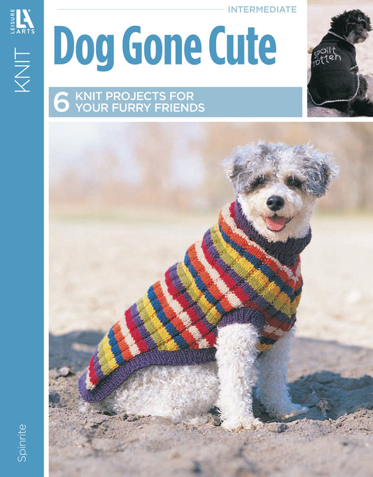 A white and gray dog sits outdoors in a striped sweater. The cover of Leisure Arts’ Dog Gone Cute—6 Knit Projects for Your Furry Friends features the title and shows another dog in a black knitted jacket on an inset.