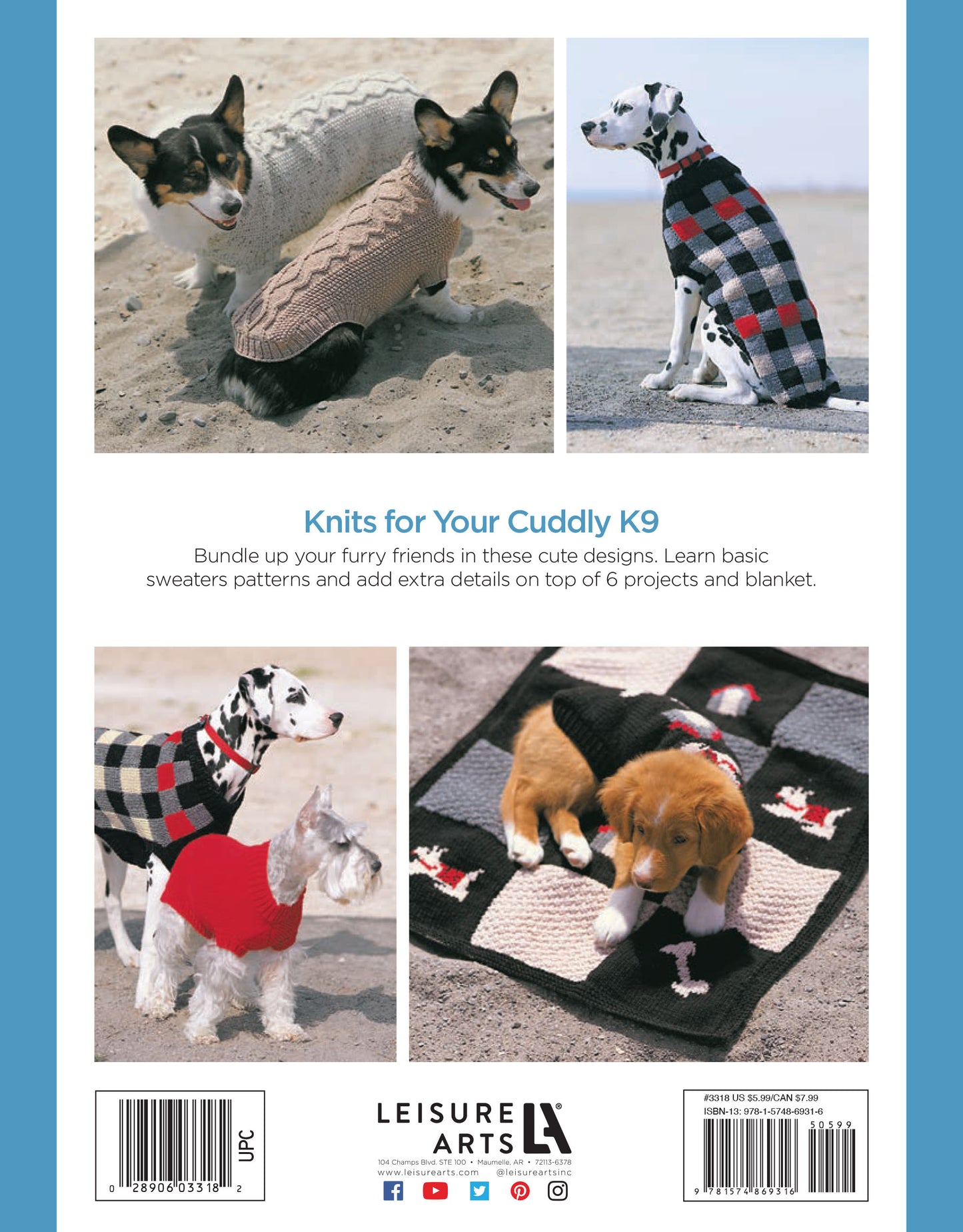 Four dogs show off stylish, cozy jackets—plus a puppy lounges on a motif blanket—highlighting "Dog Gone Cute—6 Knit Projects for Your Furry Friends" by Leisure Arts, featuring delightful dog sweater and accessory patterns.