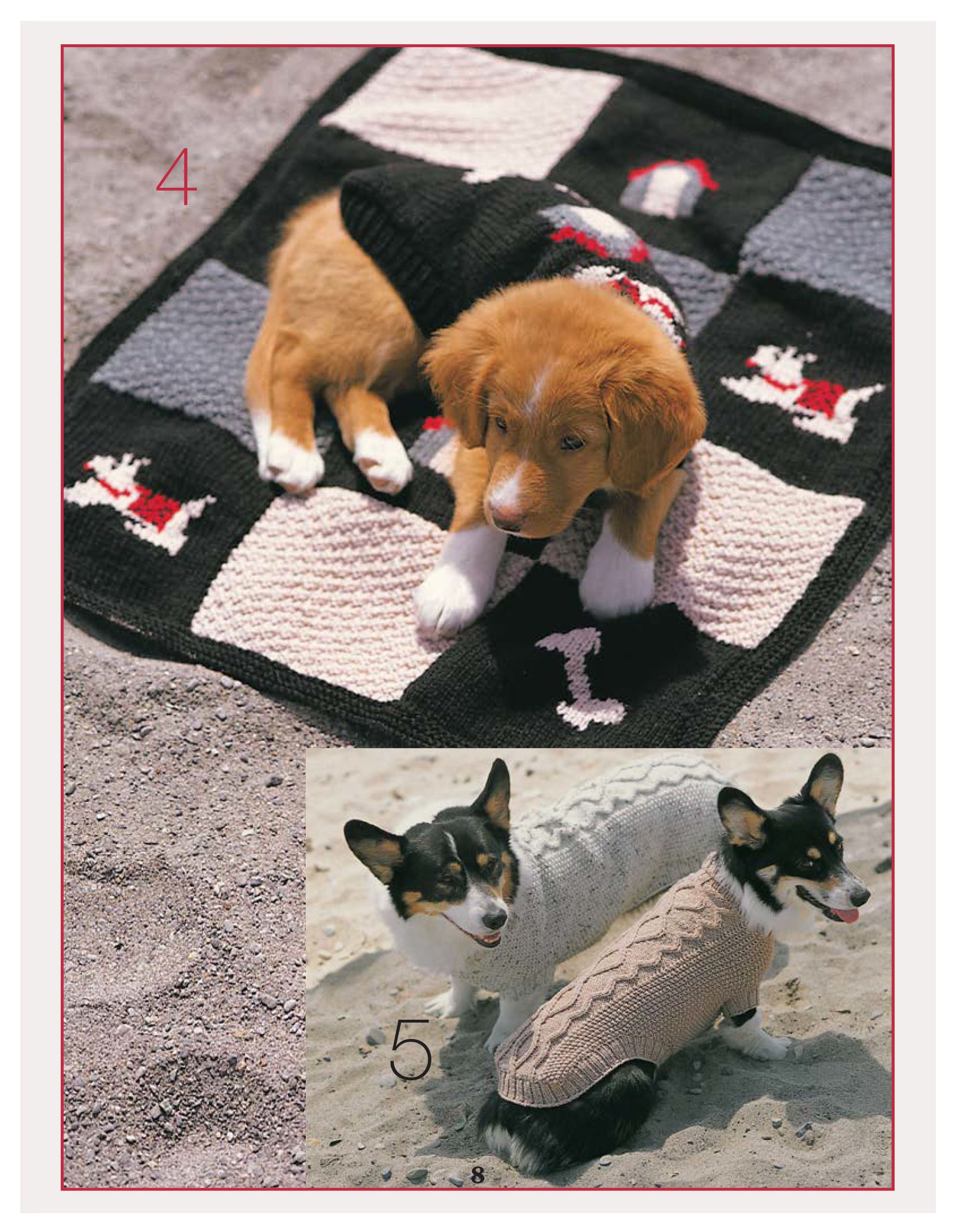 Three dogs on sand: a puppy in a black sweater rests on a patchwork blanket while two adults in light-colored coats stand nearby, all styled with patterns from Leisure Arts' "Dog Gone Cute—6 Knit Projects for Your Furry Friends.