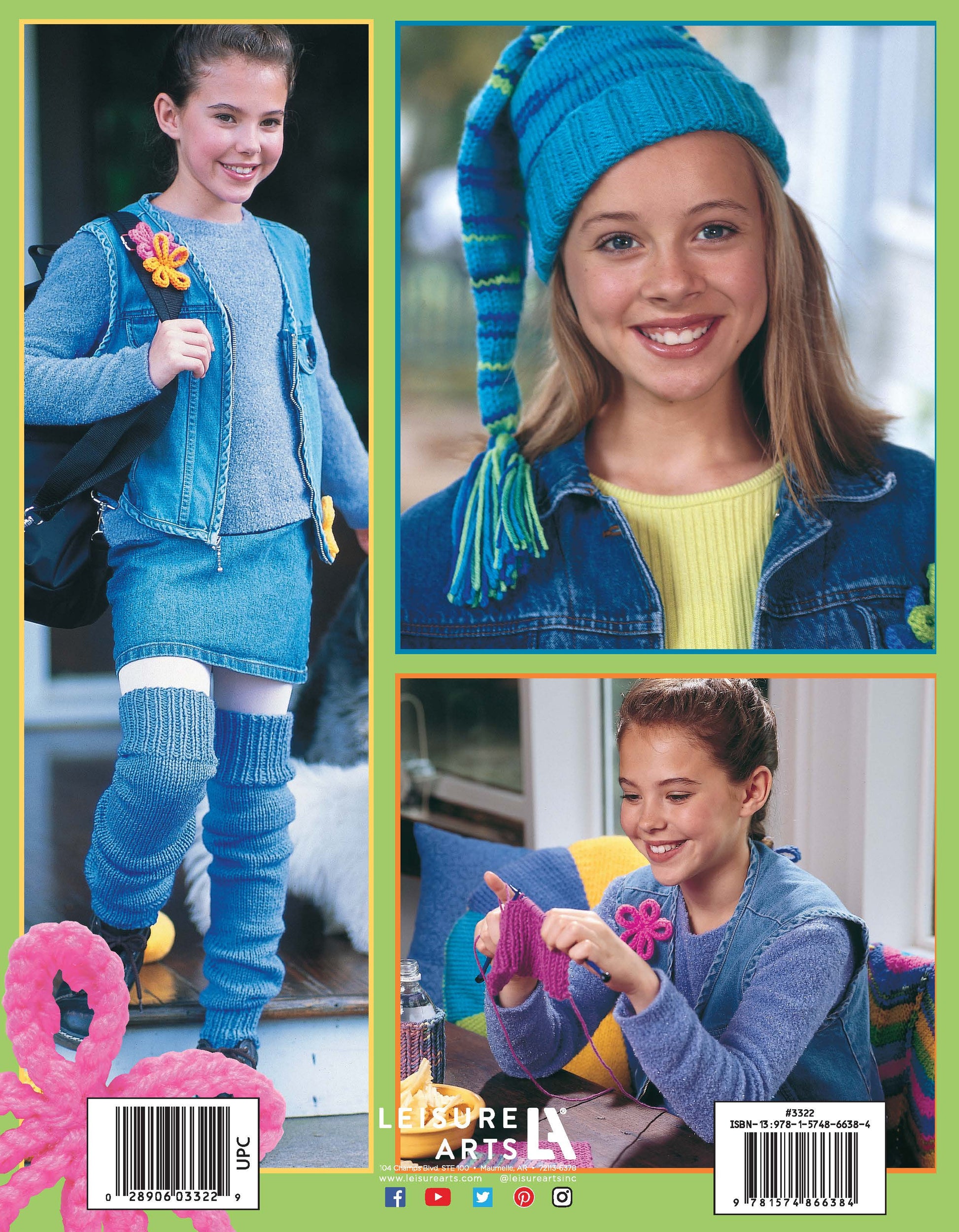 A smiling young girl wears blue knit accessories with a denim skirt suit—perfect inspiration for “Cool Stuff for Kids Teach Me to Knit—12 Projects” by Leisure Arts. She’s shown outdoors and knitting happily indoors.