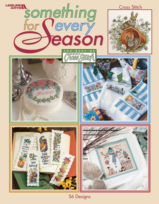 Leisure Arts’ digital download, Something for Every Season—56 Cross Stitch Designs, features bookmarks, a floral box, a snowman scene, a rabbit, holiday patterns, and includes helpful finishing instructions.