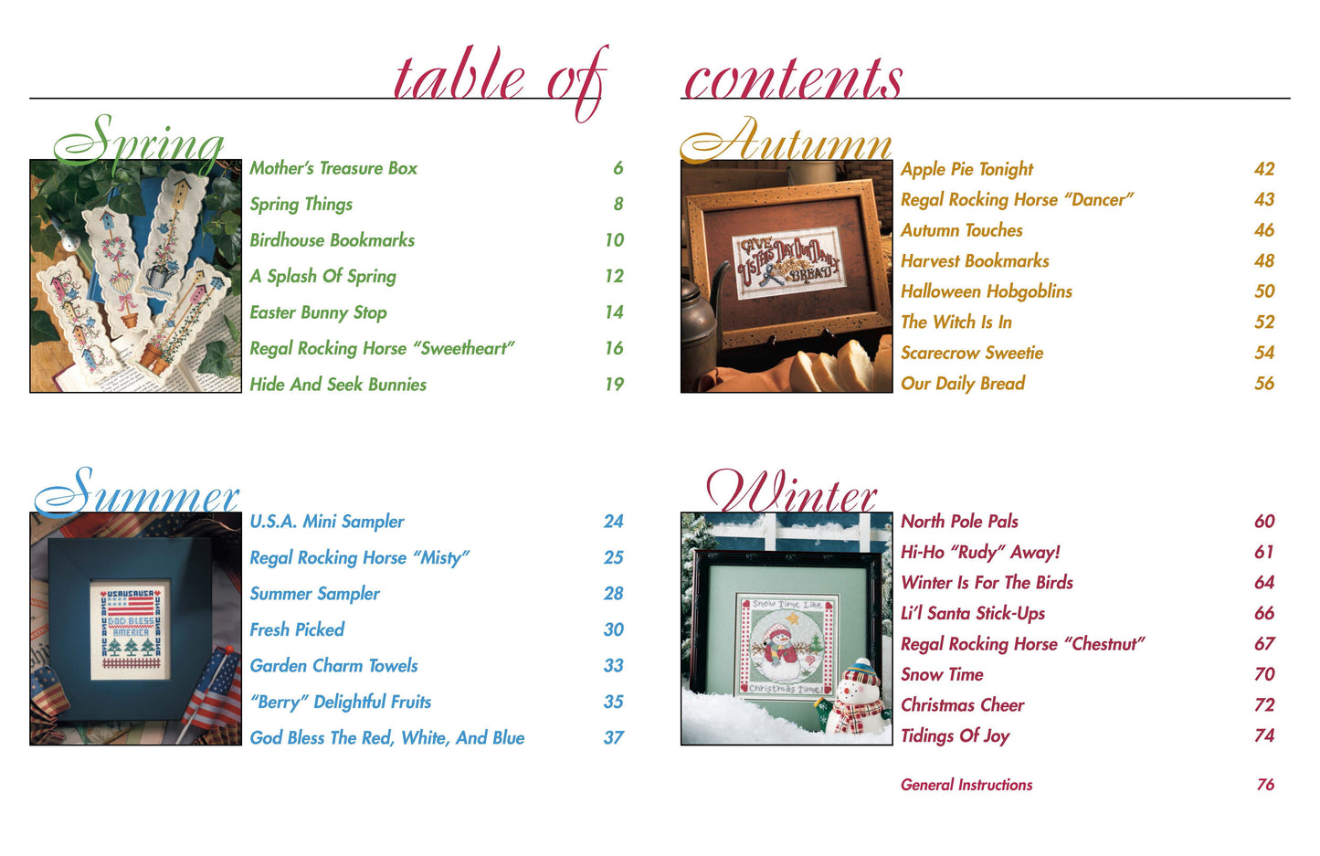 The Leisure Arts digital download, "Something for Every Season—56 Cross Stitch Designs," features a colorful table of contents by season with themed designs, sample photos, and finishing instructions. Colorful page numbers aid navigation.