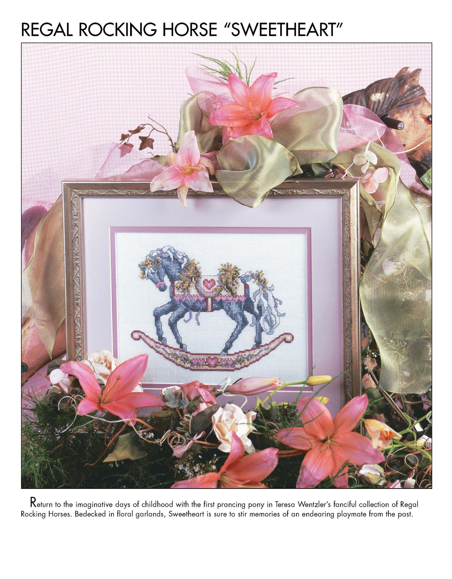 Discover "Something for Every Season—56 Cross Stitch Designs" by Leisure Arts, featuring a digital pattern of a floral rocking horse framed with pink lilies, green ribbon, garlands, and festive holiday details.