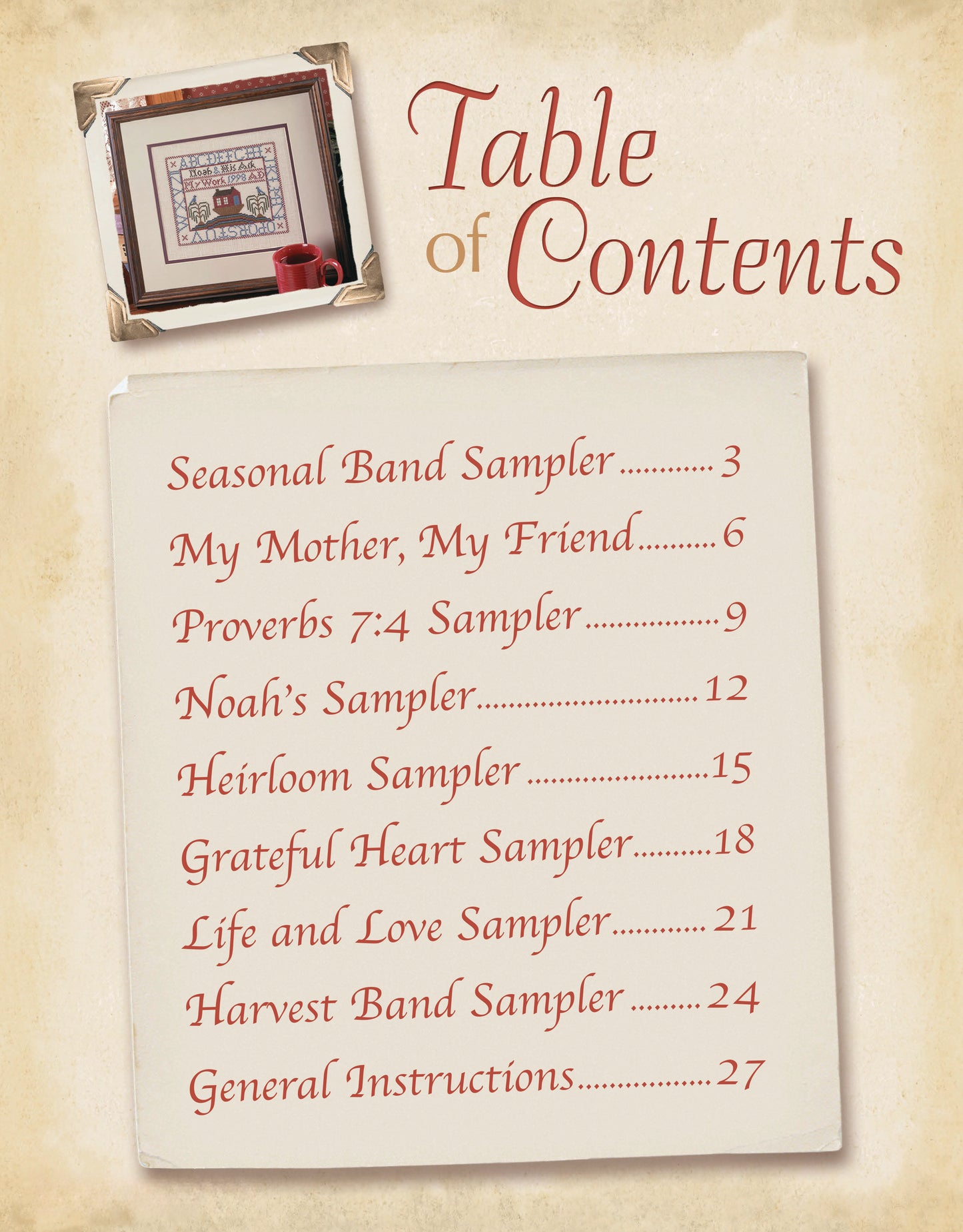 The decorative Table of Contents for "A Sampling of Tradition Cross Stitch" by Leisure Arts features eight sampler projects with page numbers, framed embroidery art, and stylized red and brown text on a parchment-like background—ideal for cross stitch fans.
