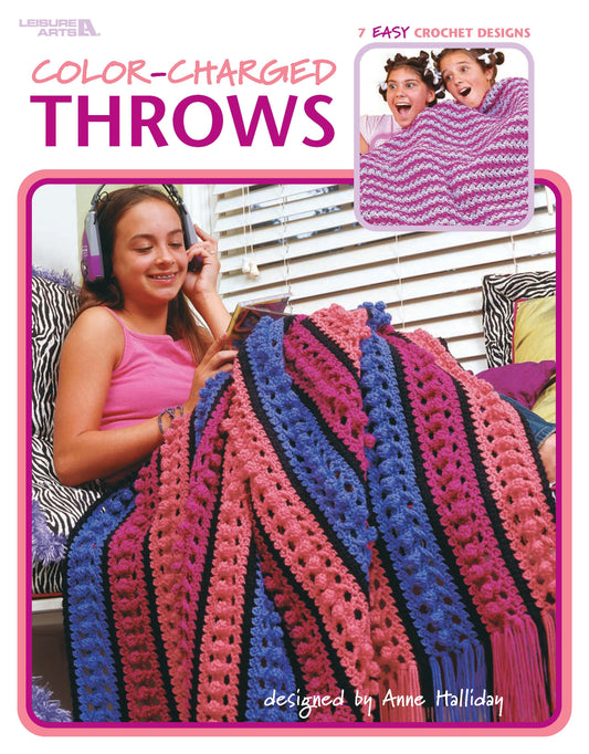 A girl enjoys music on headphones while crocheting a vibrant blanket in pink, purple, and blue. Inset: two kids smile under similar easy throws from Leisure Arts. Text: “Color-Charged Throws” by Leisure Arts—7 easy crochet designs.