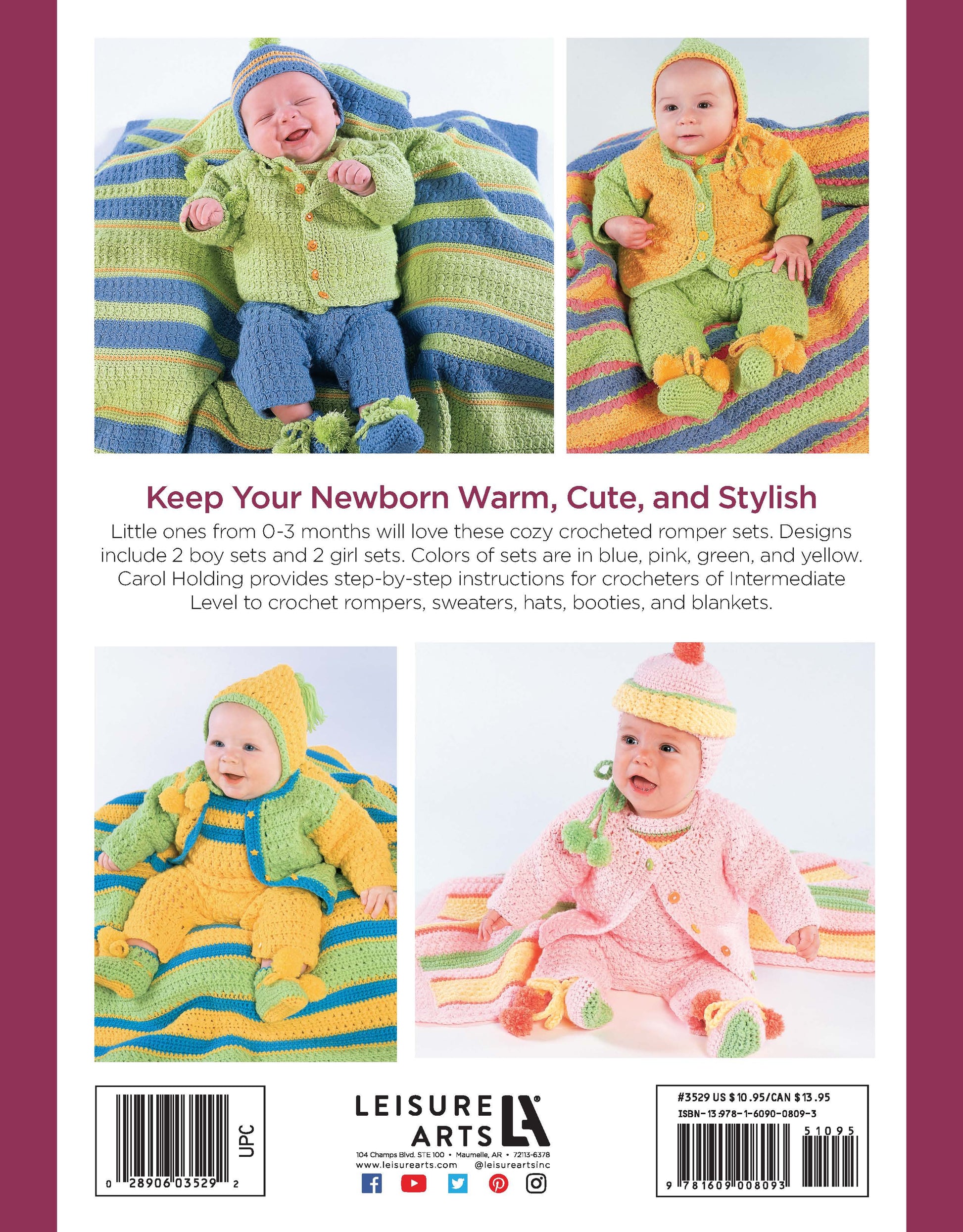 Three babies wear So-Bright Romper Sets by Leisure Arts, each with a matching crocheted blanket in yellow/blue, green/yellow, and pink/green. Perfect for adorable newborn patterns! Digital download. Posed on striped blankets.