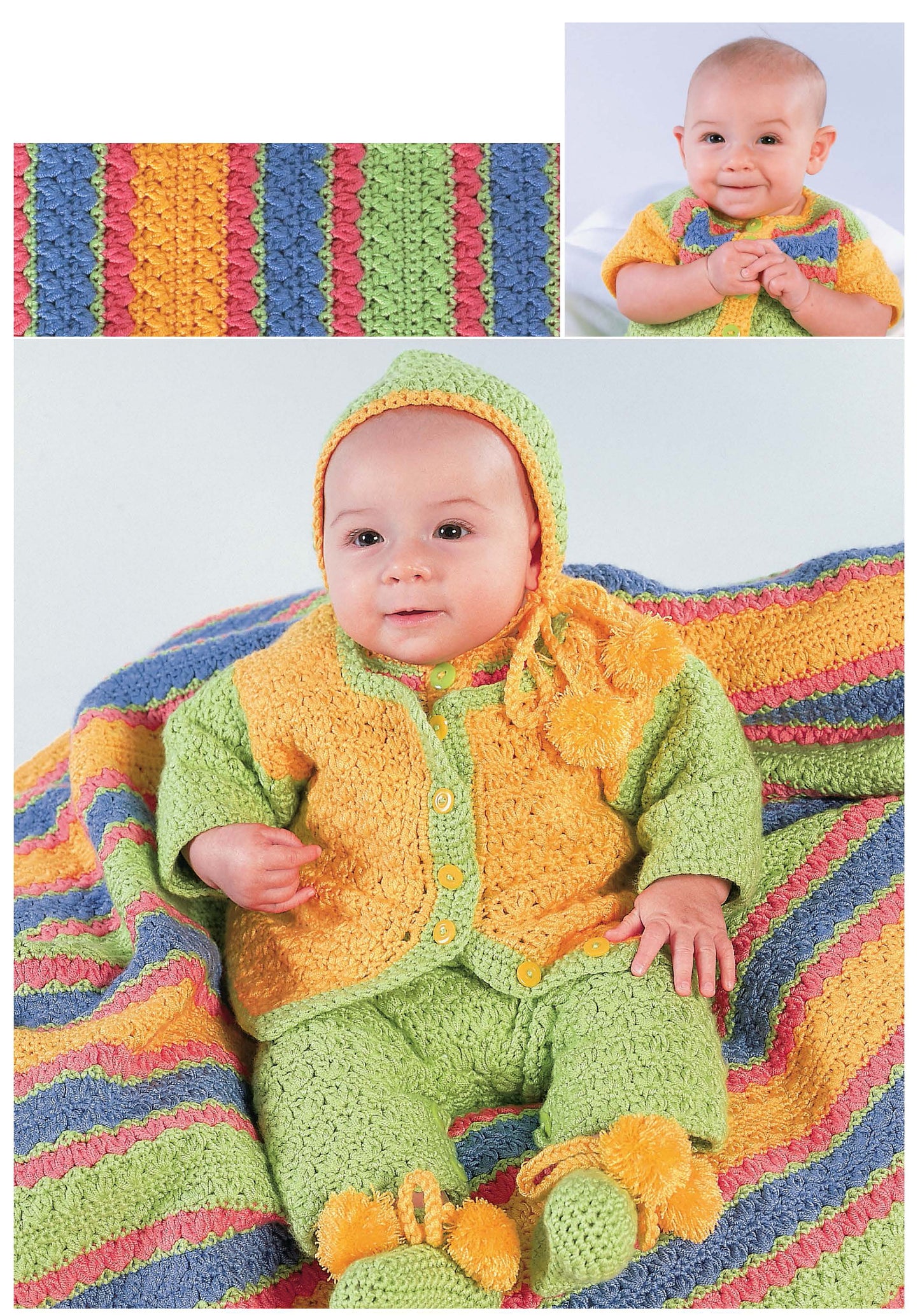 A baby in a So-Bright Romper Set by Leisure Arts with a matching bonnet sits on a vivid striped blanket. Close-ups highlight the colorful textured pattern and charming newborn crochet designs of this delightful set.
