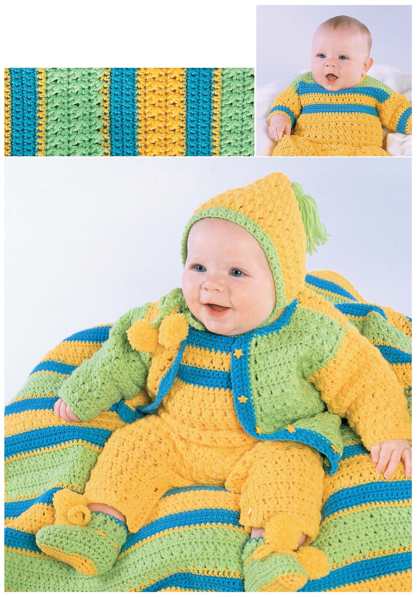 A smiling baby wears a colorful So-Bright Romper Set by Leisure Arts in yellow, green, and blue—with matching hat and booties—while sitting on a striped blanket; close-up shows the crochet pattern above.