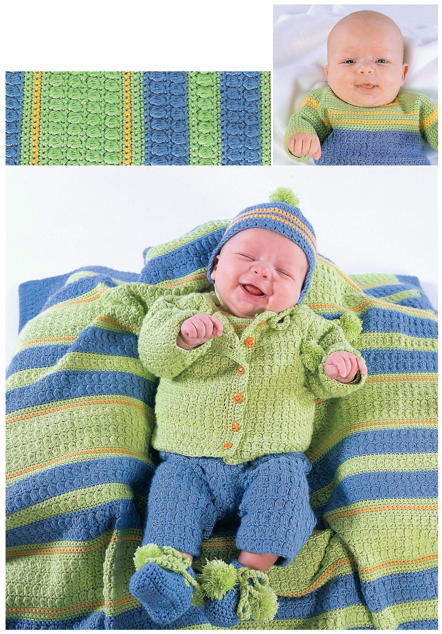 A smiling baby in a So-Bright Romper Set by Leisure Arts—green knit sweater with orange buttons, blue pants, matching hat and booties—rests on a striped blanket. Ideal inspiration for crocheted baby sets and newborn patterns.