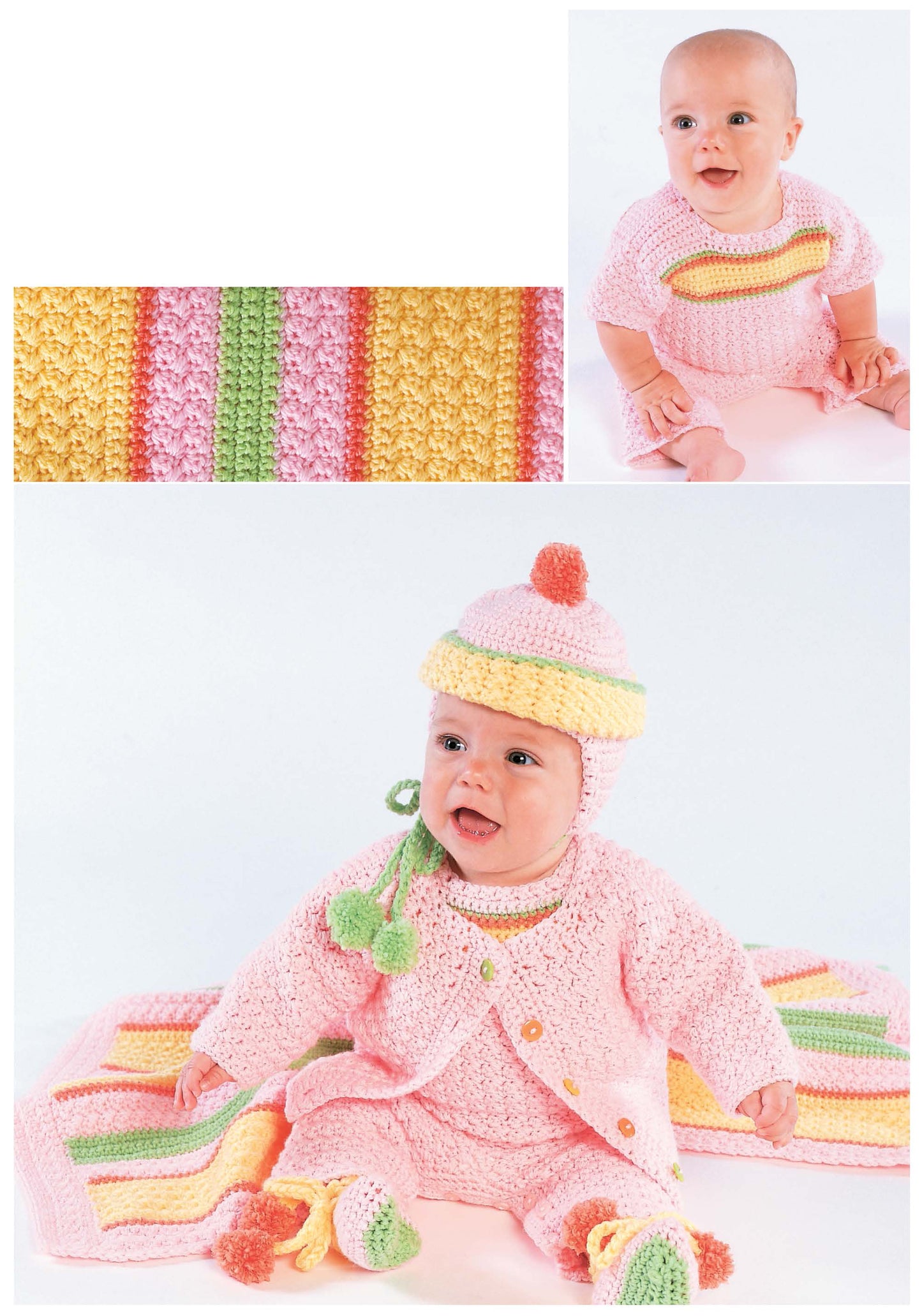 Two babies wear So-Bright Romper Sets by Leisure Arts: one in a short-sleeved top and shorts, the other in a pink sweater, pants, hat, and booties—perfect inspiration for your newborn crochet patterns—on a pastel striped blanket.