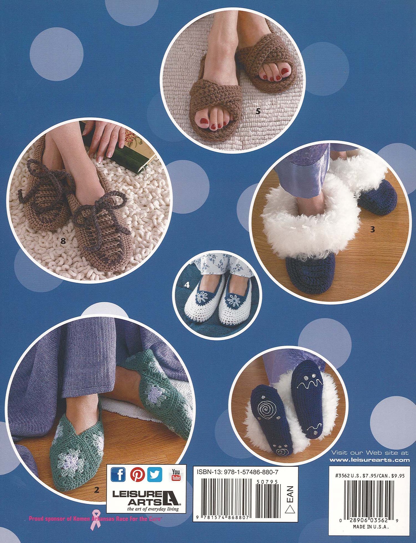 The back cover of Leisure Arts' “Cozy Crocheted Slippers” displays five pairs of comfy slippers in different styles and colors, each modeled on feet and shown in round frames against a blue, polka-dotted background.