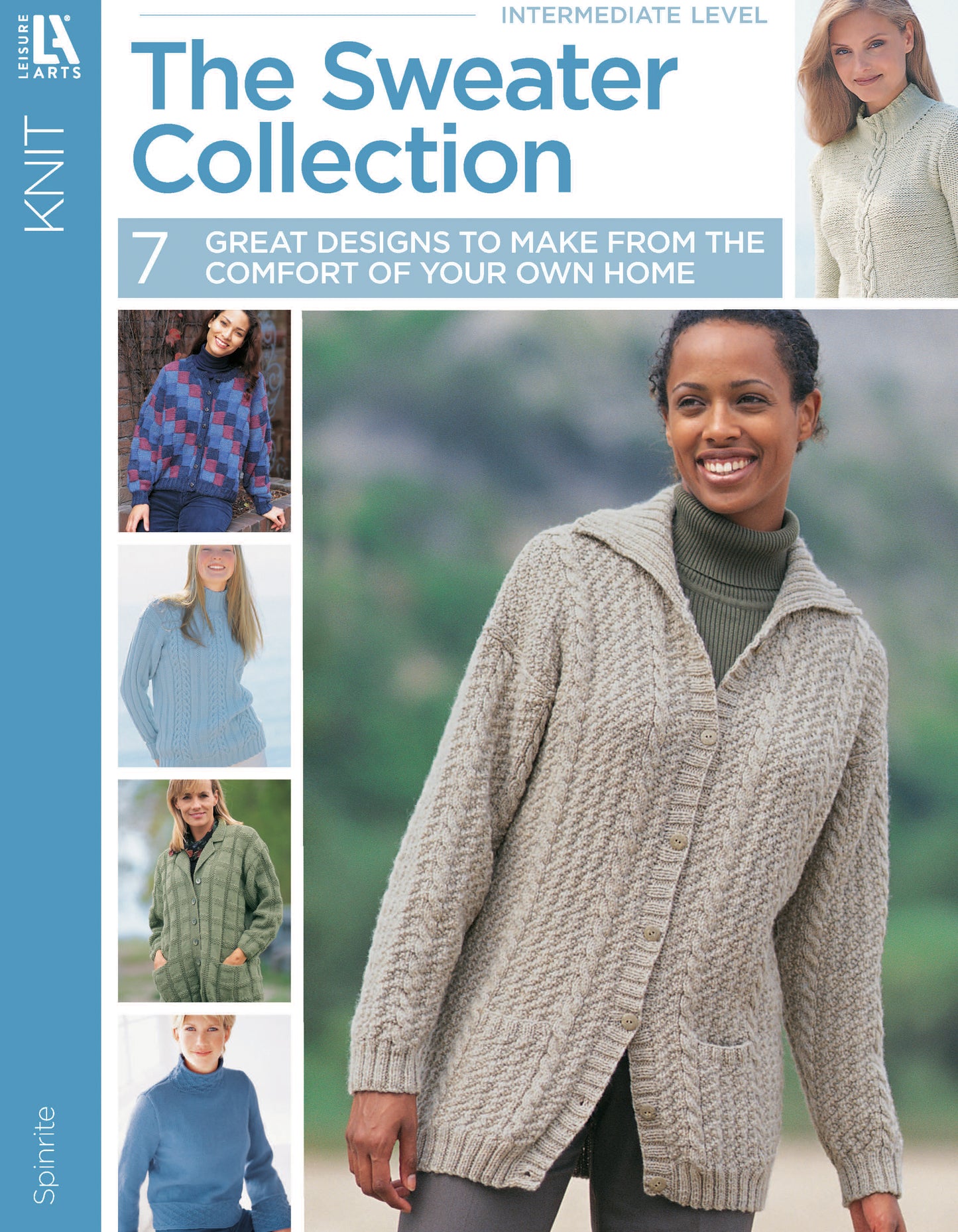 Cover of "The Sweater Collection Knit" by Leisure Arts, showing five women modeling stylish blue, gray, and green sweaters. Title and subtitle appear at the top. Includes inspiring patterns for knitters.