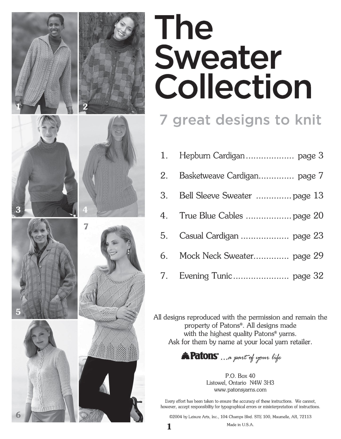 A black-and-white catalog page titled "The Sweater Collection Knit" from Leisure Arts shows seven women modeling various knit designs, each matched by number to the pattern name and page number listed on the right.