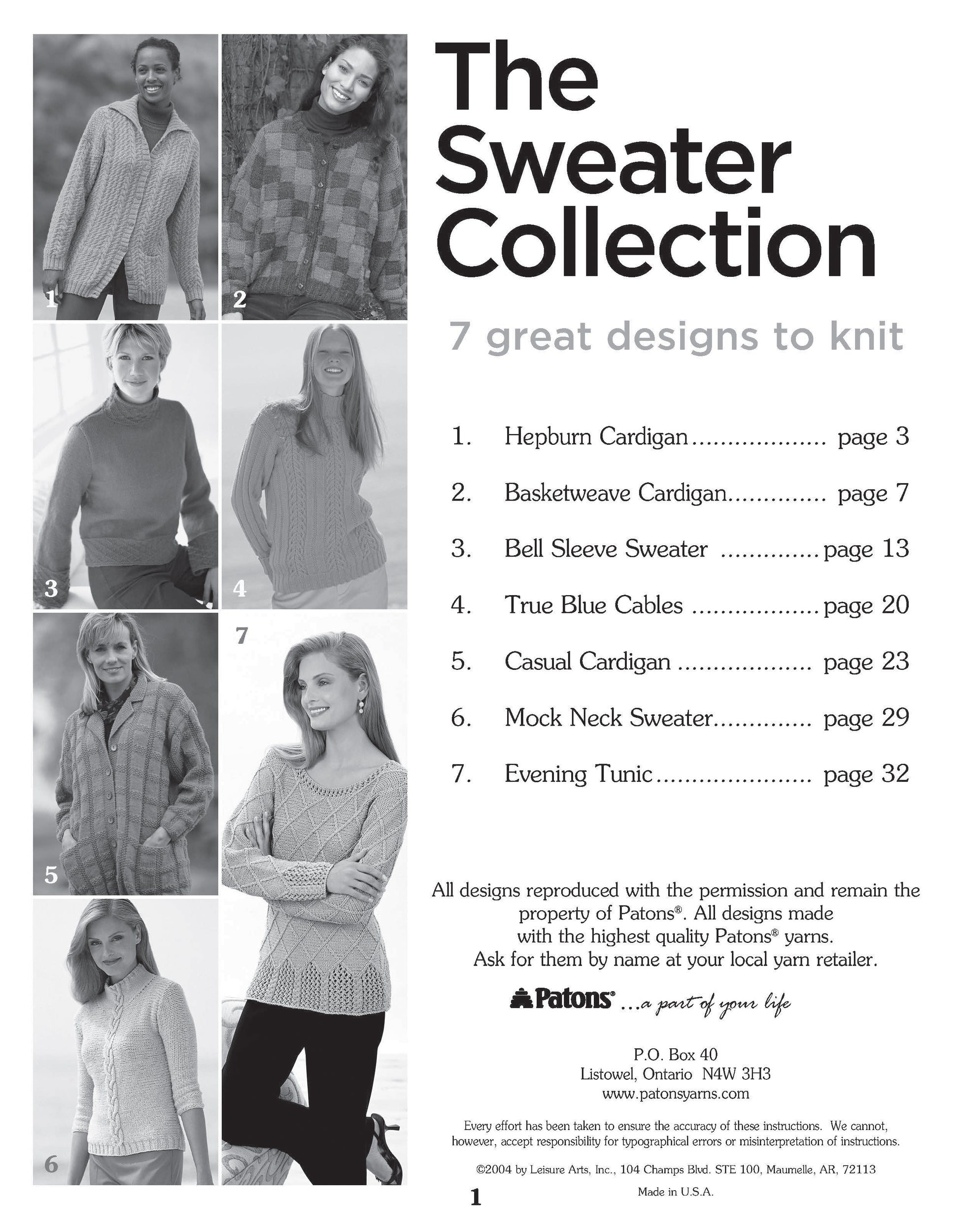 A black-and-white catalog page titled "The Sweater Collection Knit" from Leisure Arts shows seven women modeling various knit designs, each matched by number to the pattern name and page number listed on the right.