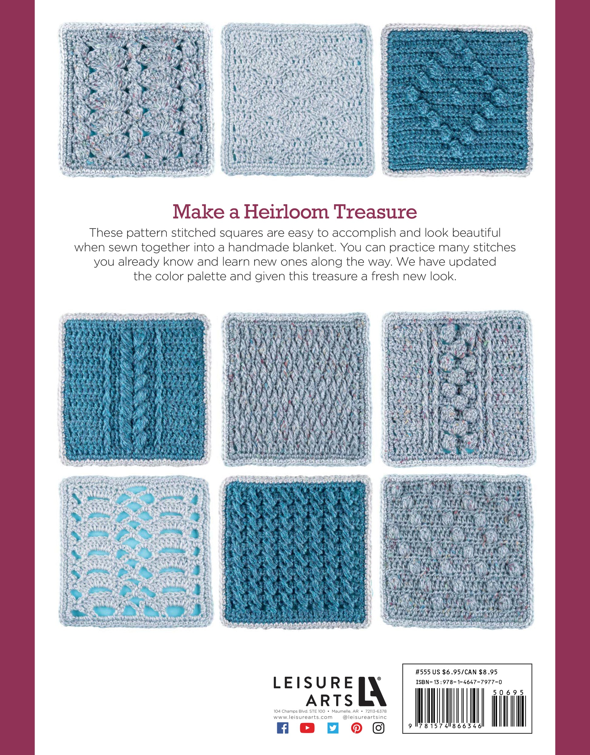 Eight crocheted square swatches in blue and gray show textured mix-and-match blocks on a white background—great inspiration for afghan patterns. Text below highlights Easy to Crochet Pattern Stitches Digital Download by Leisure Arts.