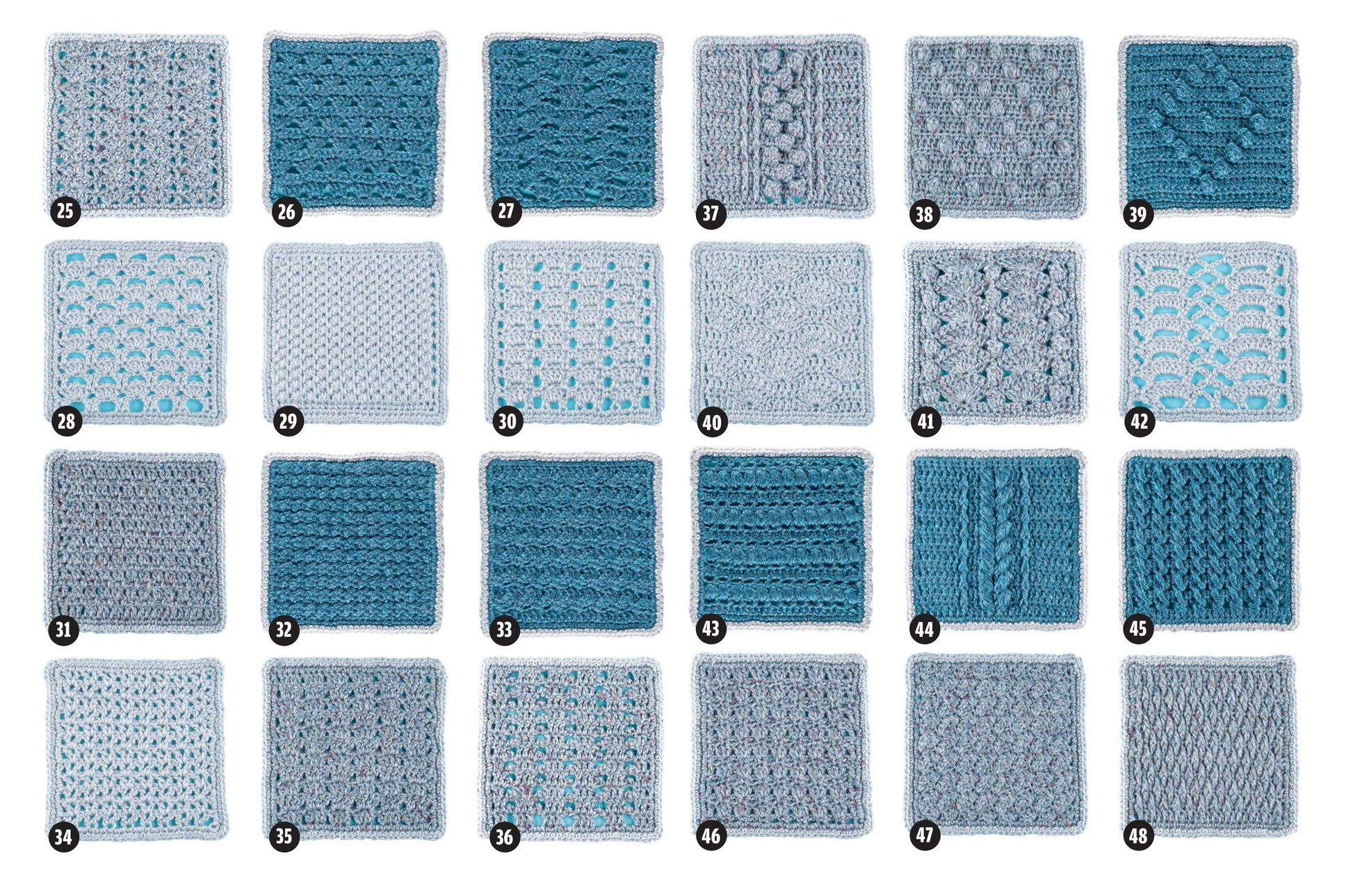 The Leisure Arts "Easy to Crochet Pattern Stitches" digital download features 25 blue and gray swatches with unique textures and lace, arranged in a numbered grid—ideal inspiration for mix-and-match blocks or afghan projects.