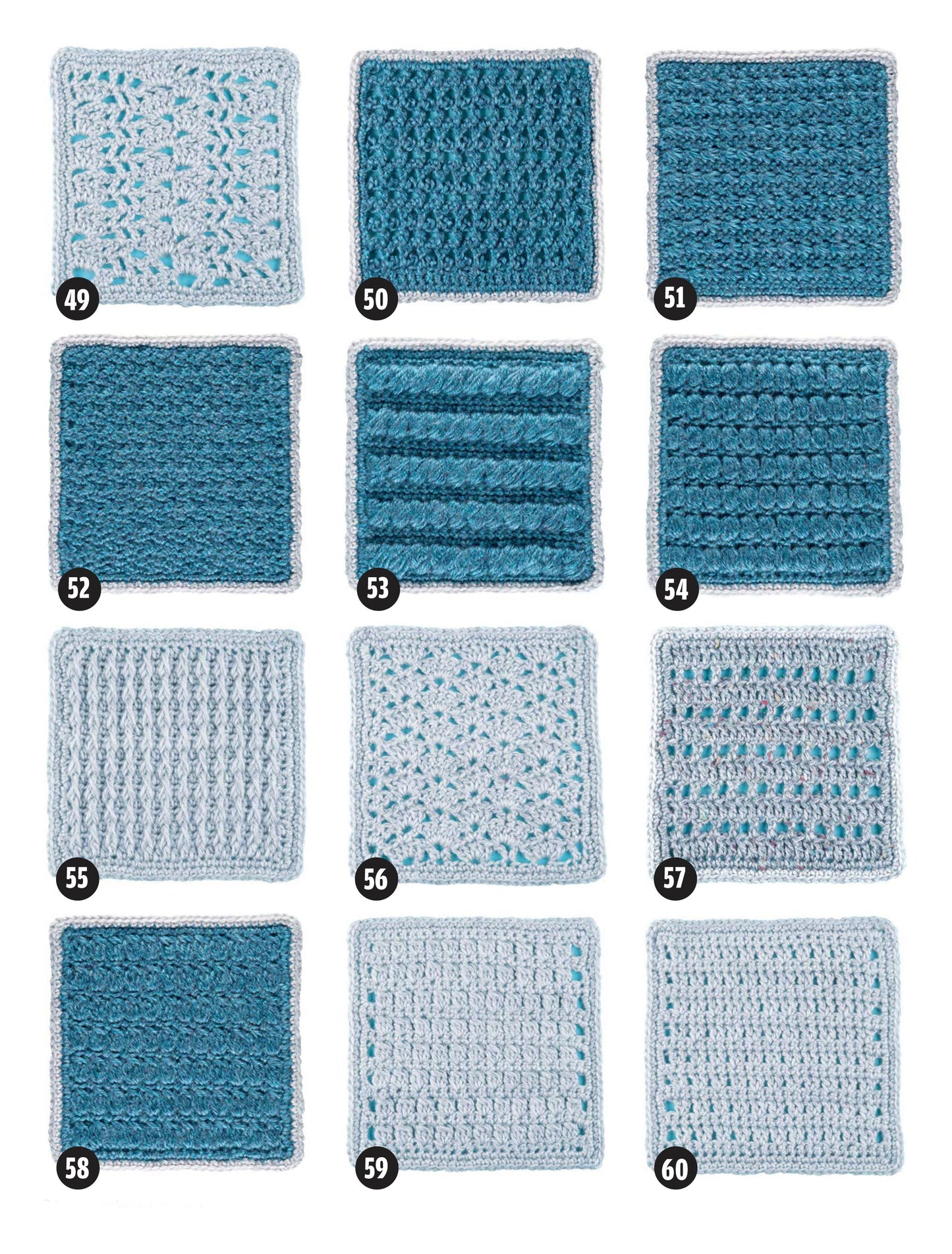 Twelve unique blue and gray crochet swatches from the Easy to Crochet Pattern Stitches Digital Download by Leisure Arts are arranged in a 3x4 grid (numbered 49–60)—ideal mix-and-match blocks for afghan patterns.