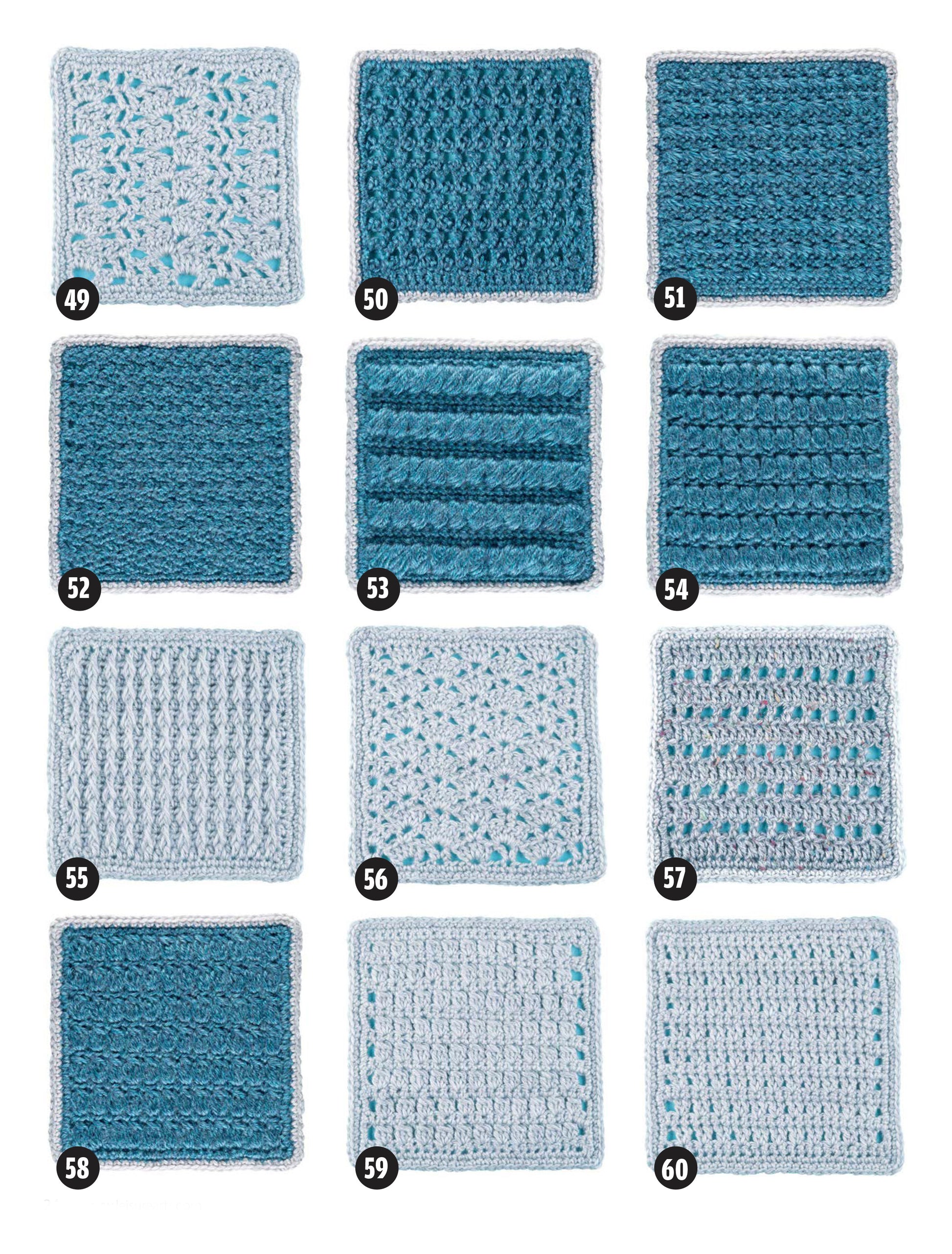 Twelve unique blue and gray crochet swatches from the Easy to Crochet Pattern Stitches Digital Download by Leisure Arts are arranged in a 3x4 grid (numbered 49–60)—ideal mix-and-match blocks for afghan patterns.