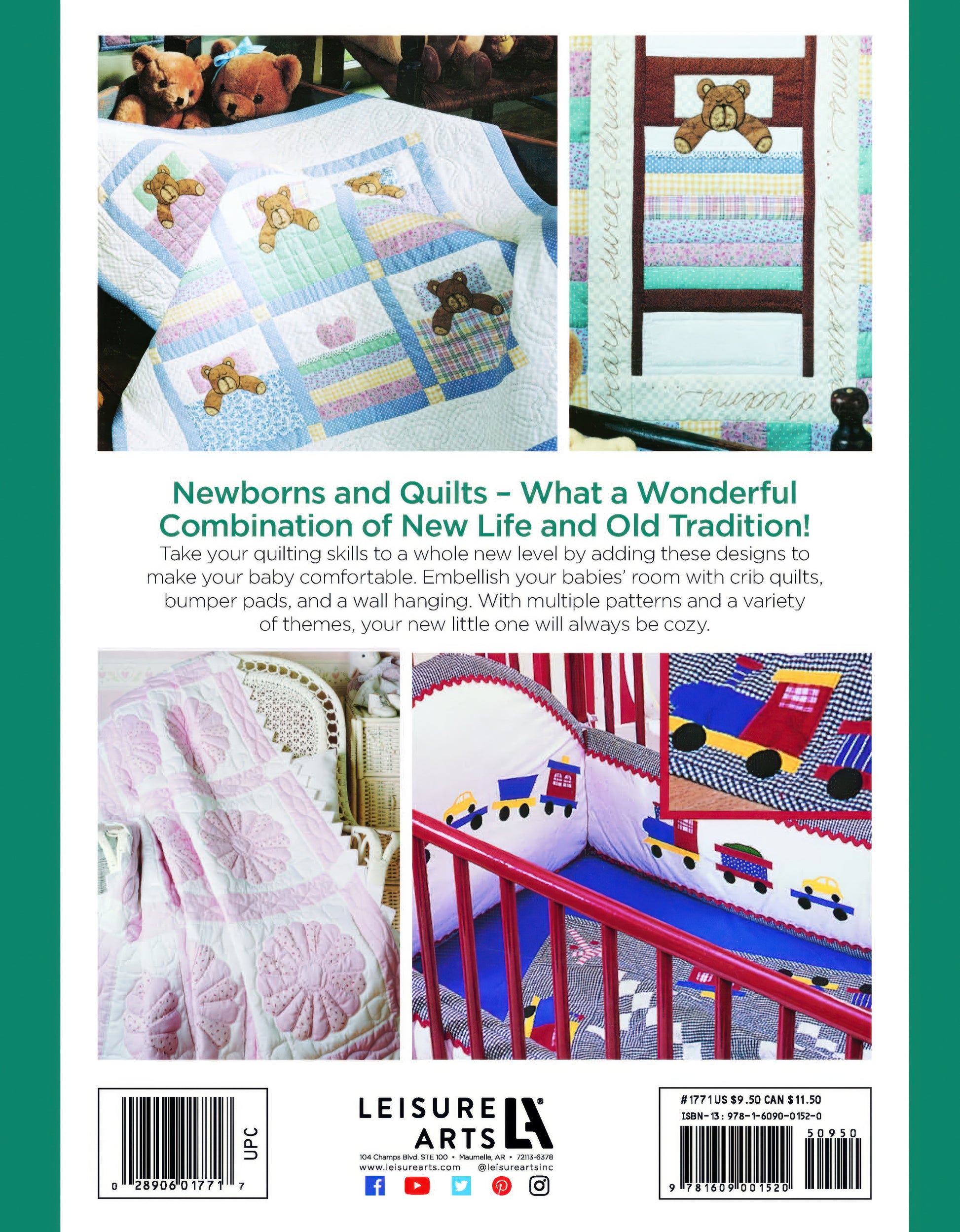 Back cover of Rock-a-Bye Quilts Digital Download by Leisure Arts shows colorful baby quilts with teddy bears, vehicles, a pink quilt, a nursery rhyme quilt, and a cozy nursery scene. Text blends tradition with new ideas. Leisure Arts logo and barcode at the bottom.