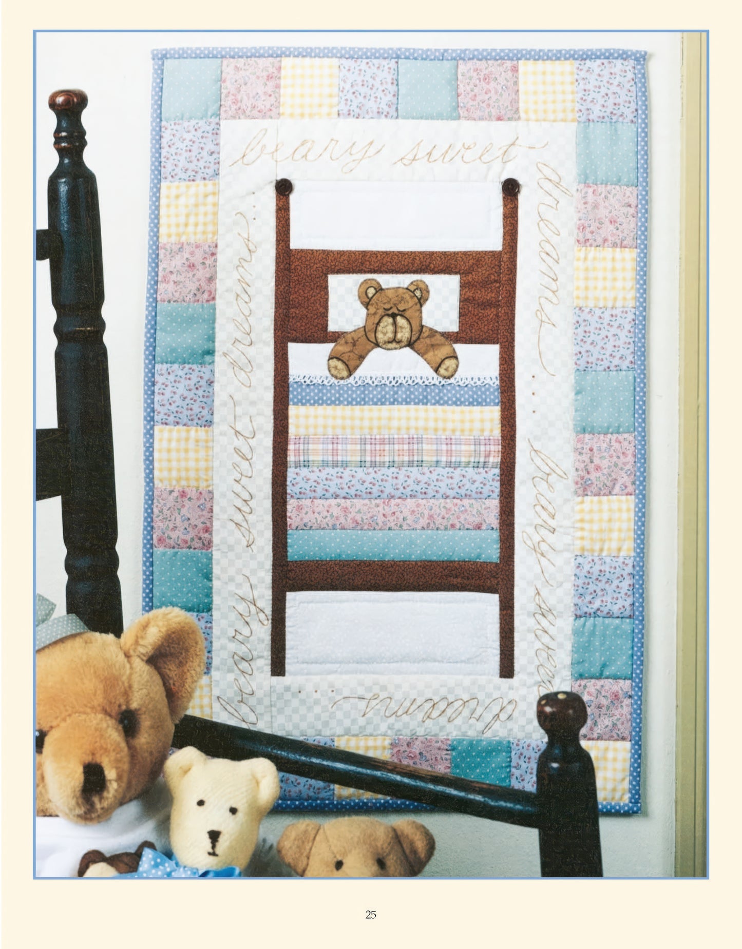The Rock-a-Bye Quilts Digital Download by Leisure Arts features a quilted wall hanging with a patchwork border and a teddy bear in bed, embroidered with "beary sweet dreams" and classic baby quilt charm, plus stuffed bears below.