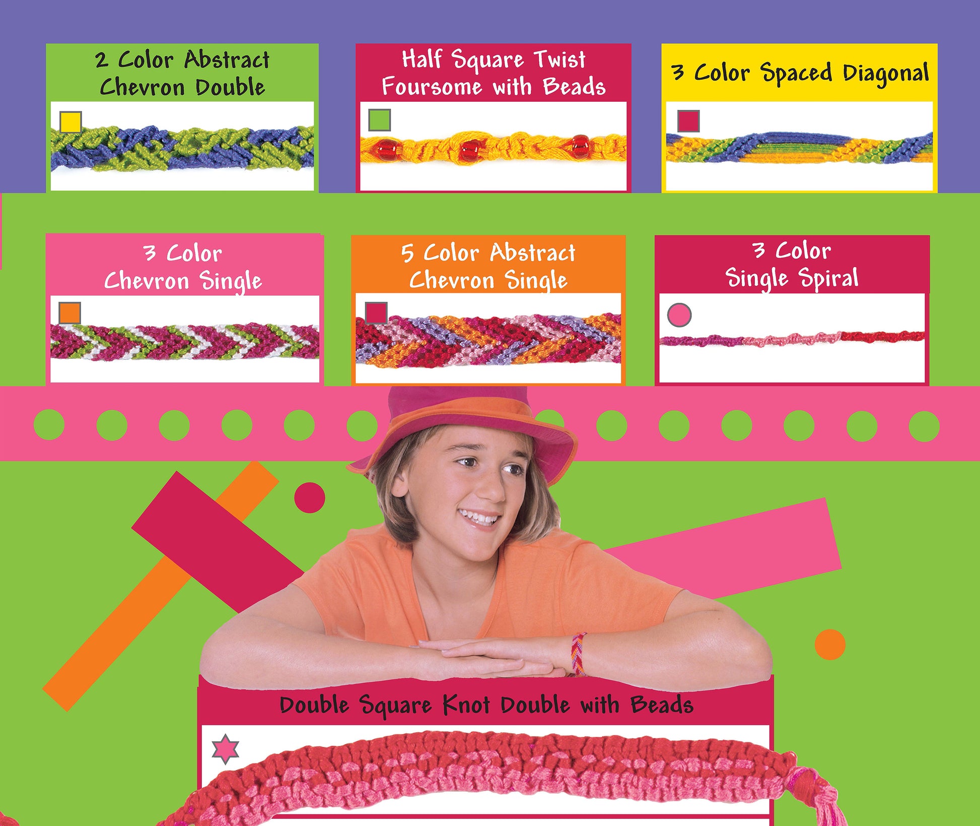 A smiling girl in a pink hat sits in front of colorful Cool Stuff Friendship Bracelets by Leisure Arts, perfect for kids and teens, each pattern labeled with its name and a sample image of the easy bracelet projects above her.