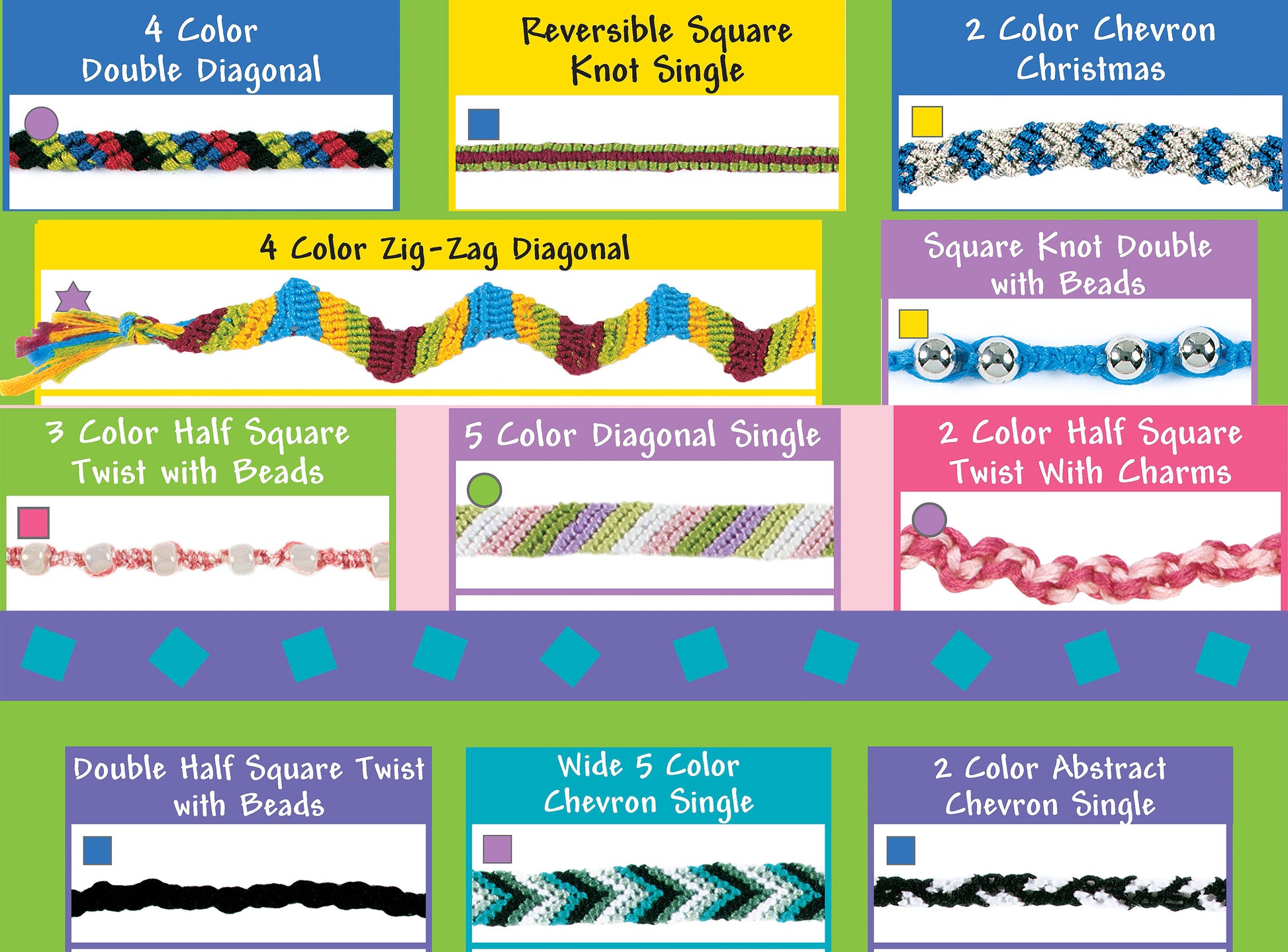The Leisure Arts Cool Stuff Friendship Bracelets Digital Download features a vibrant chart of 12 easy bracelet projects for kids & teens, with photos and names, showcasing braids, knots, chevrons, beads, charms, and zig-zag designs on a colorful background.