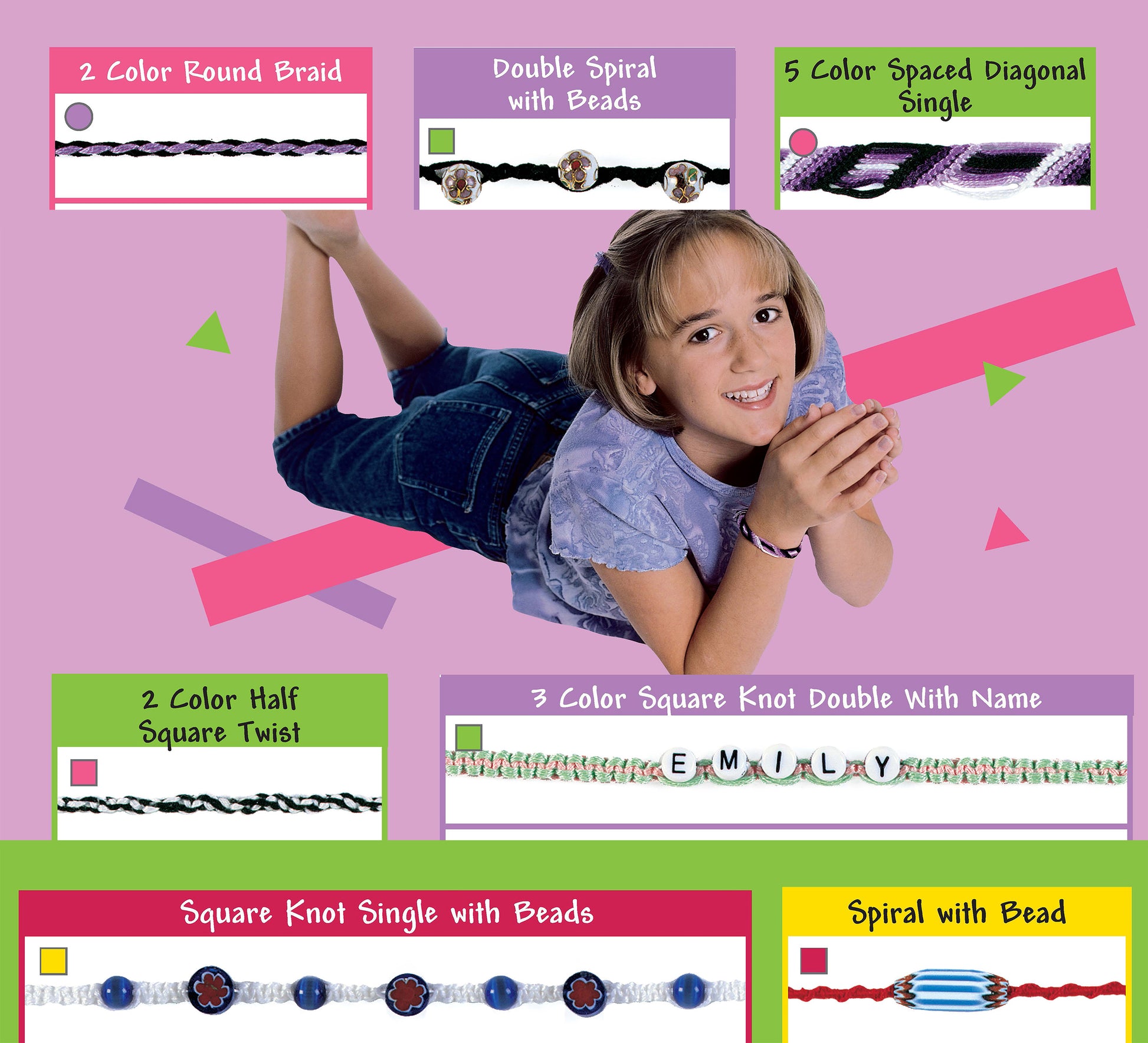 A smiling girl in a purple shirt shows off friendship bracelets from the Cool Stuff Friendship Bracelets Digital Download by Leisure Arts. Around her are six labeled, easy projects for kids and teens with colorful braids, beads, and patterns.