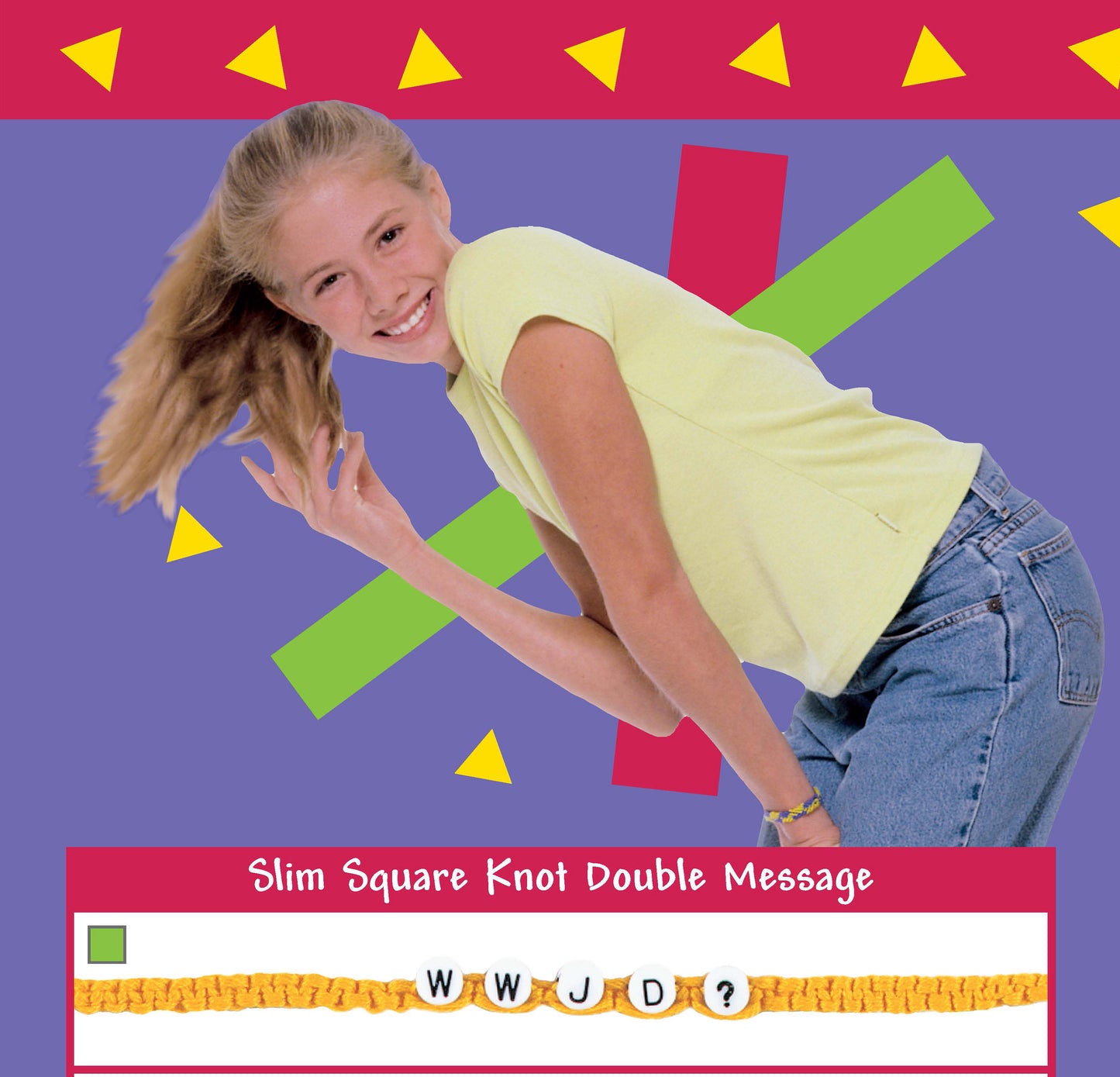 A smiling teen in yellow and blue poses playfully. Below her, a yellow woven WWJD? bracelet stands out against a purple background. Make fun accessories for kids & teens with the Cool Stuff Friendship Bracelets Digital Download by Leisure Arts!.