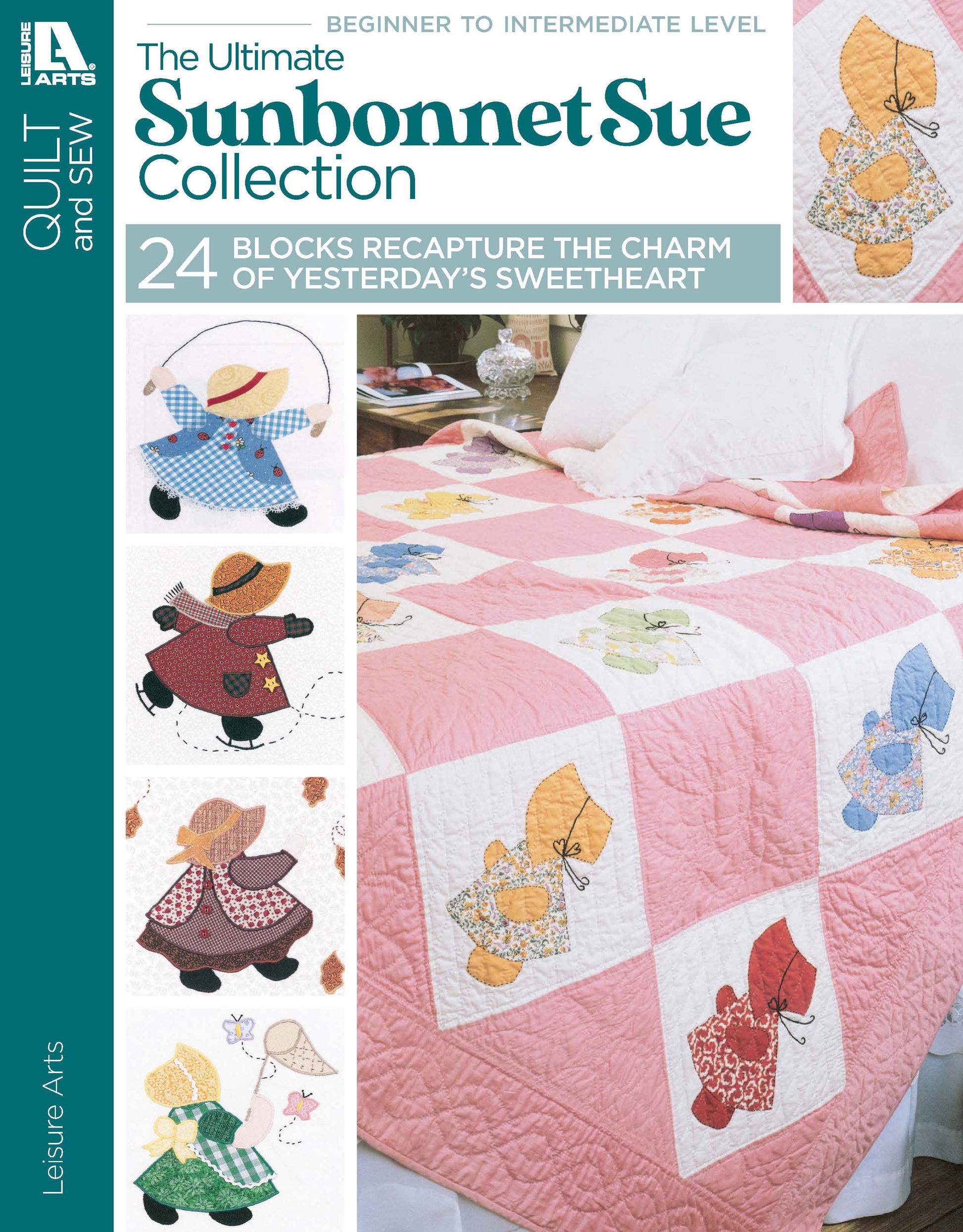 The Ultimate Sunbonnet Sue Collection Digital Download by Leisure Arts features a vibrant quilt with Sunbonnet Sue applique blocks on a bed, plus multiple quilt patterns shown in the foreground.
