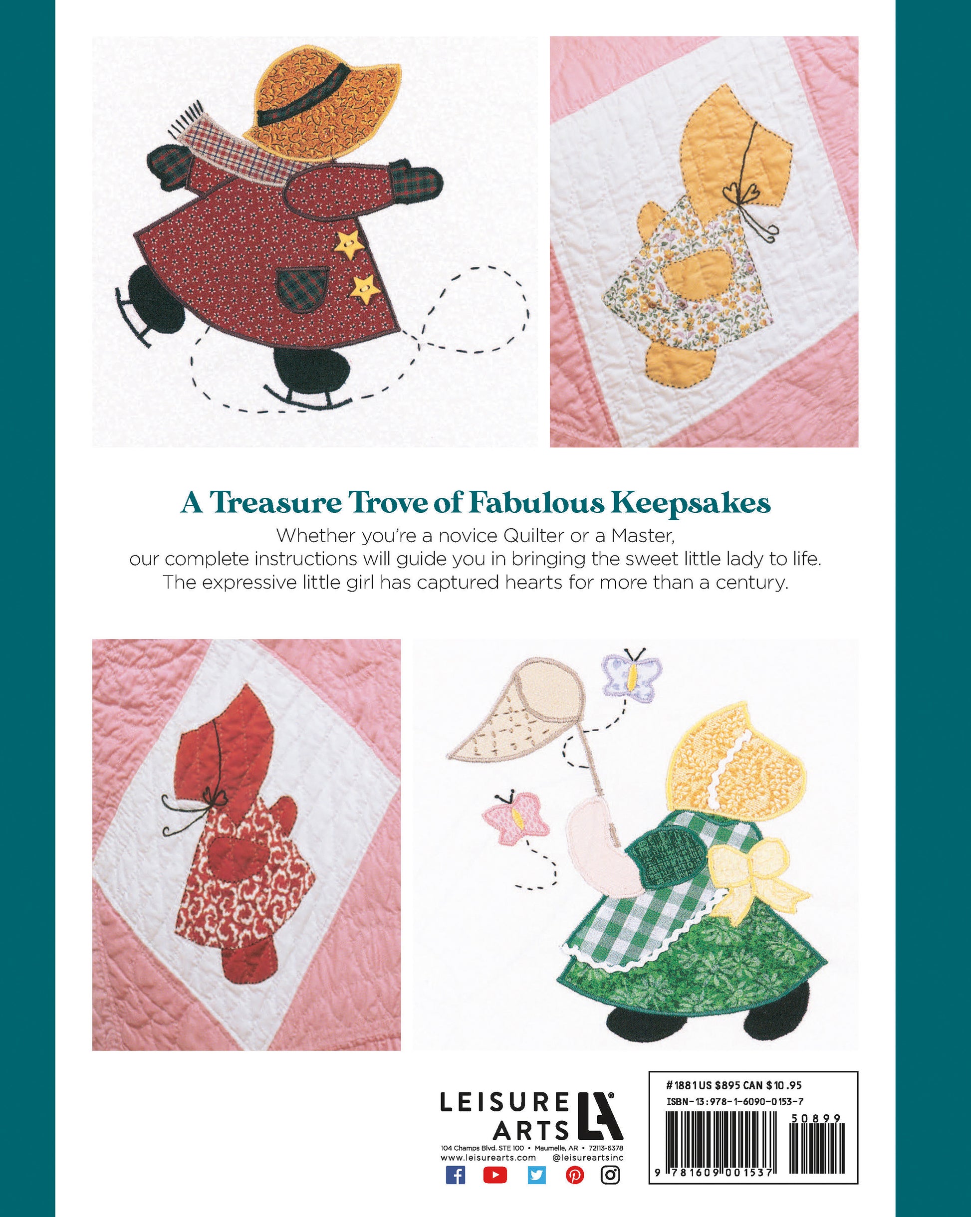Back cover of The Ultimate Sunbonnet Sue Collection Digital Download by Leisure Arts—features three adorable Sunbonnet Sue applique quilt squares in pastel attire, perfect for beginner quilters and discovering new quilt patterns.