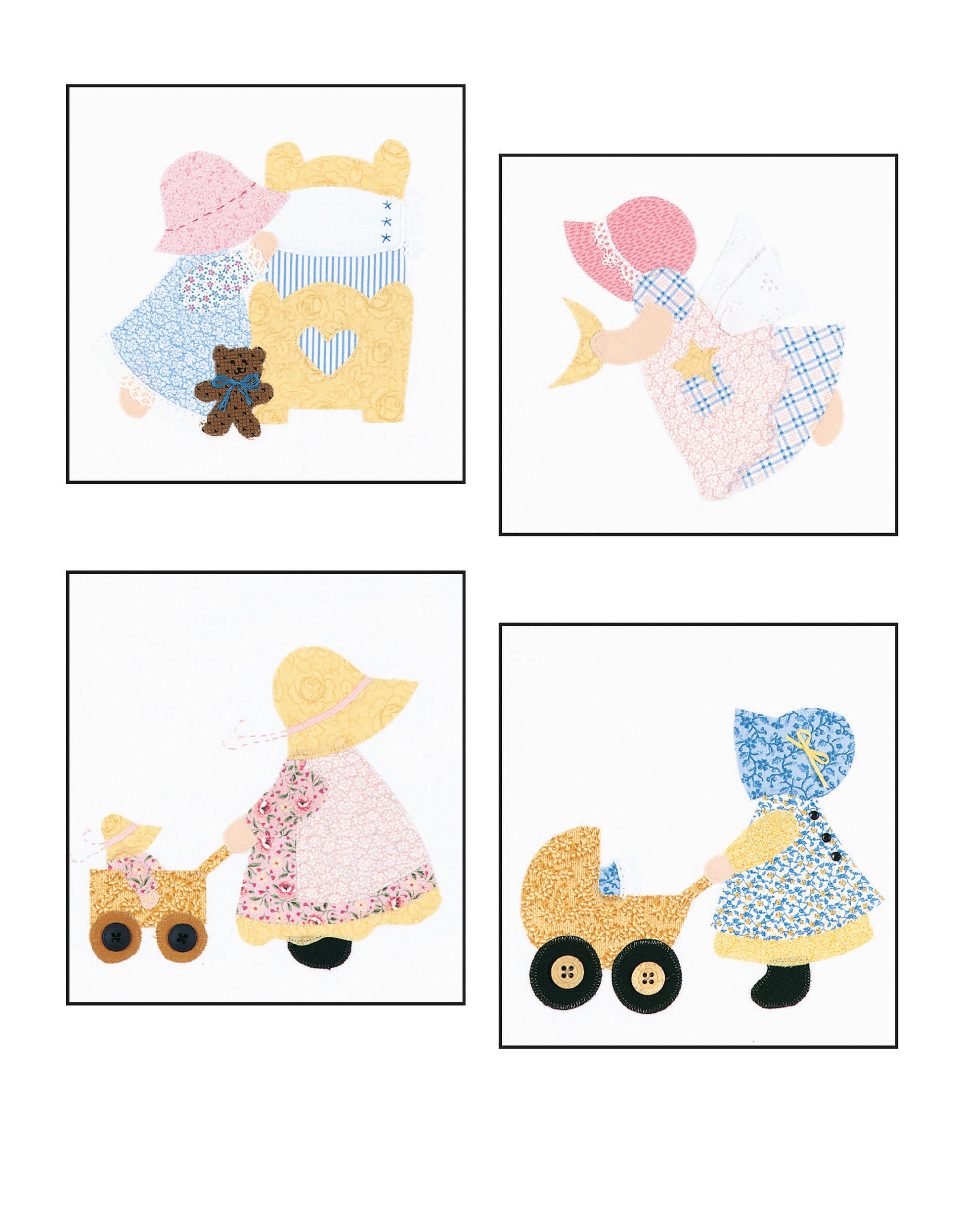 The Ultimate Sunbonnet Sue Collection Digital Download by Leisure Arts features four quilt-style panels with girls in bonnets and dresses holding toys. With floral and plaid patterns, it’s ideal for beginner quilting and classic designs.