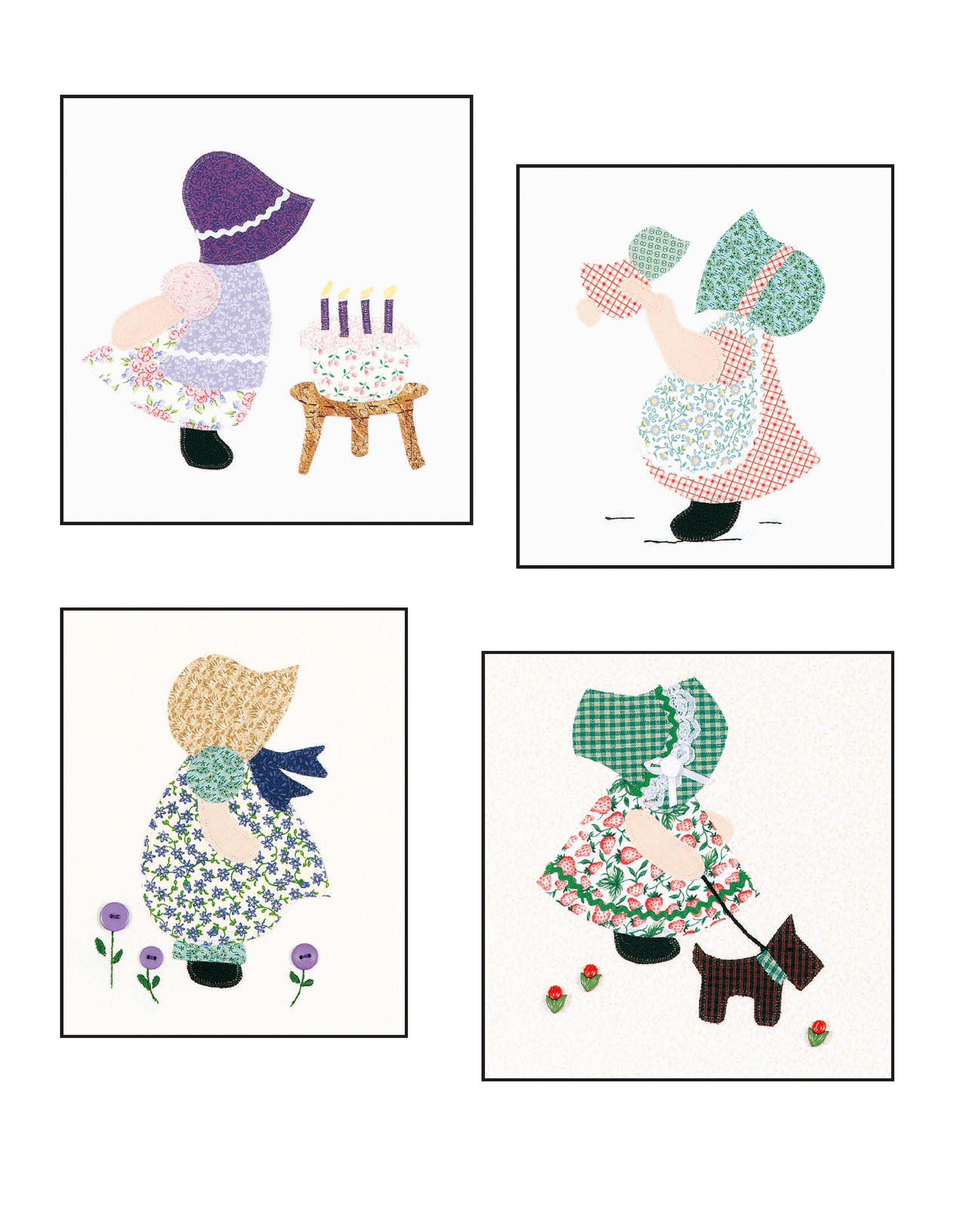 The Ultimate Sunbonnet Sue Collection Digital Download by Leisure Arts features four classic applique-style illustrations of girls in bonnets and dresses with a baby, doll, flowers, or toy dog—each framed in its own square.