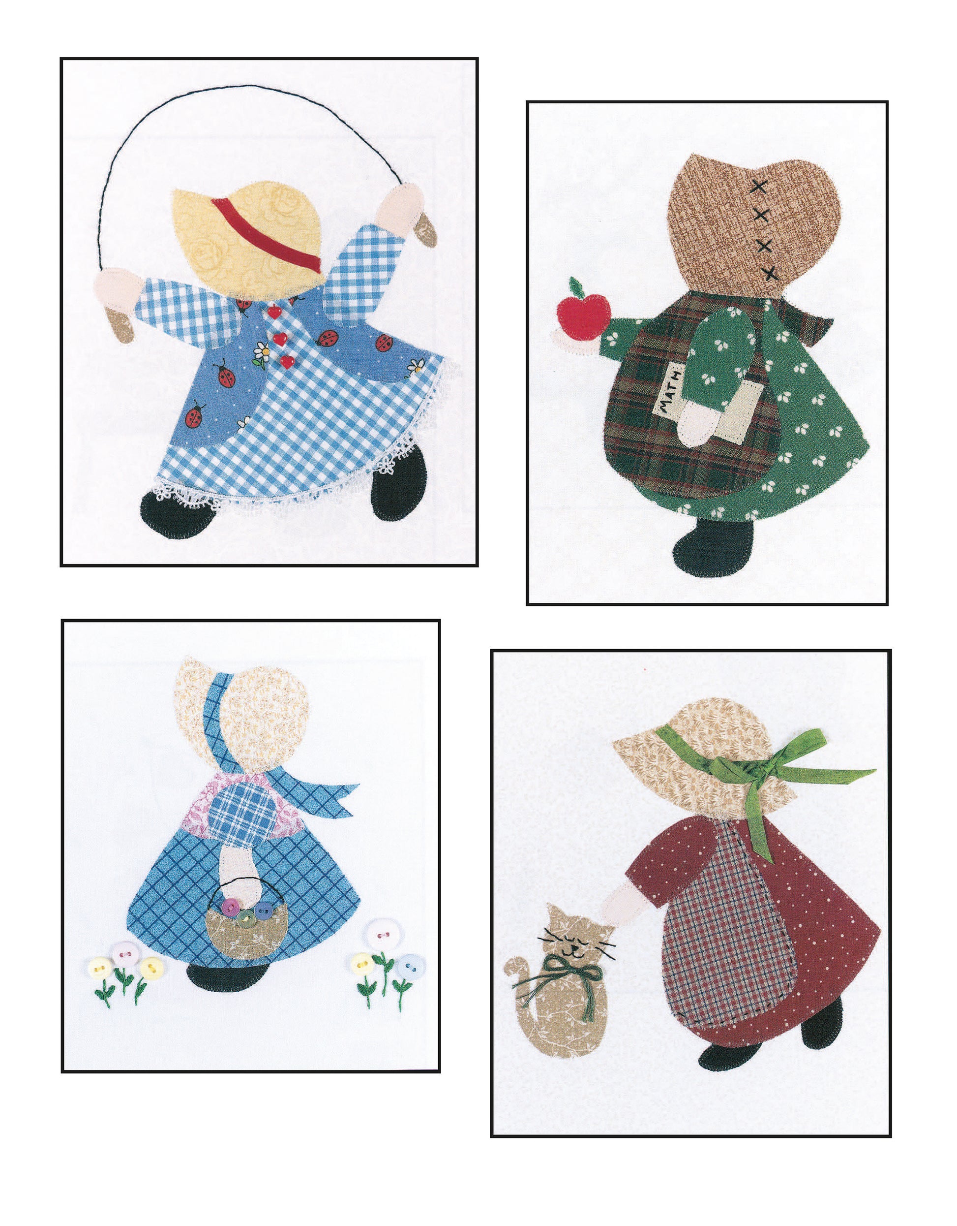 The Ultimate Sunbonnet Sue Collection Digital Download by Leisure Arts features four applique quilt blocks of girls: jumping rope, holding an apple and book, carrying a basket in a blue bonnet, and petting a cat in a green-ribboned hat.
