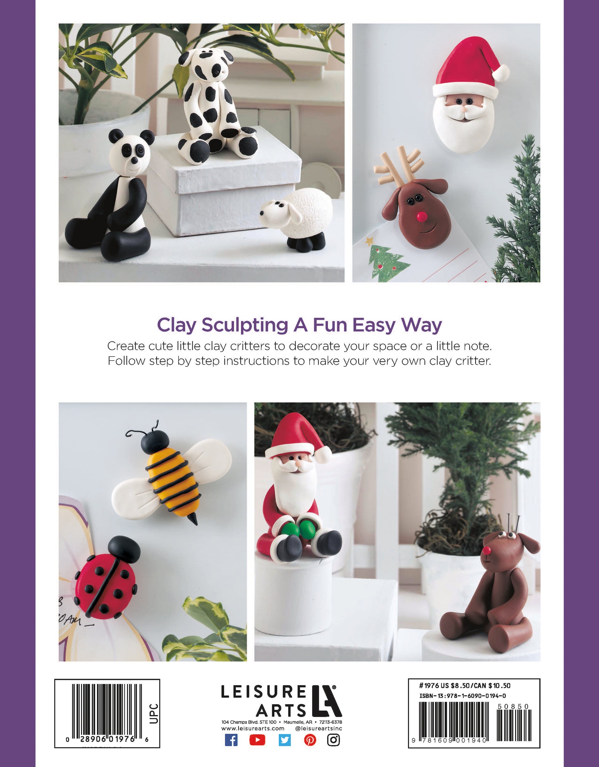Five photos show clay figurines—a panda, Santa, wreath, bee, and reindeer—on shelves and tables. Text introduces Leisure Arts’ "I Can't Believe I'm Sculpting Clay Figures" digital download with beginner-friendly step-by-step instructions.