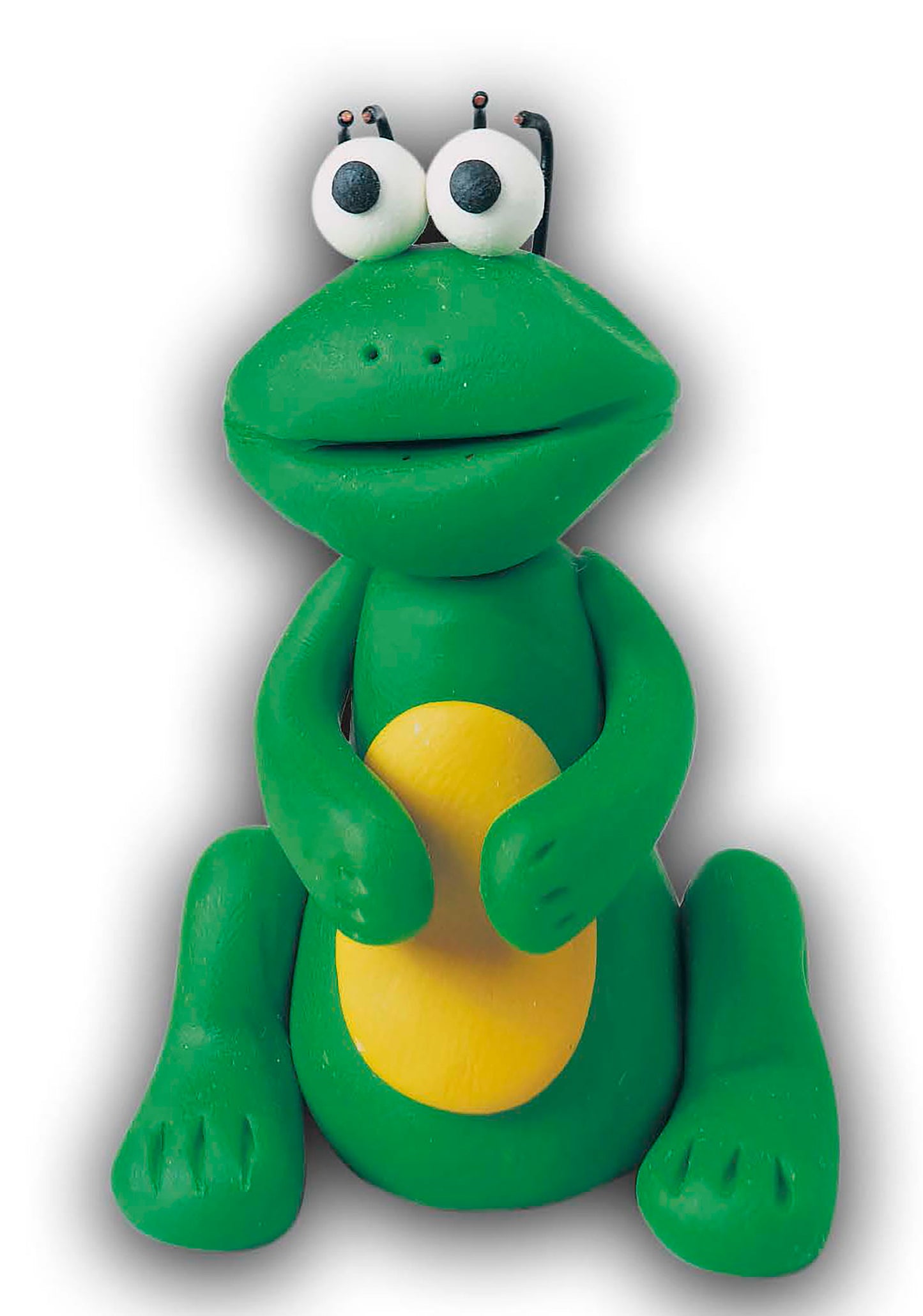 A green cartoon frog clay figurine with a yellow belly and big eyes, made using the "I Can't Believe I'm Sculpting Clay Figures Digital Download" by Leisure Arts—ideal for beginner sculptors.